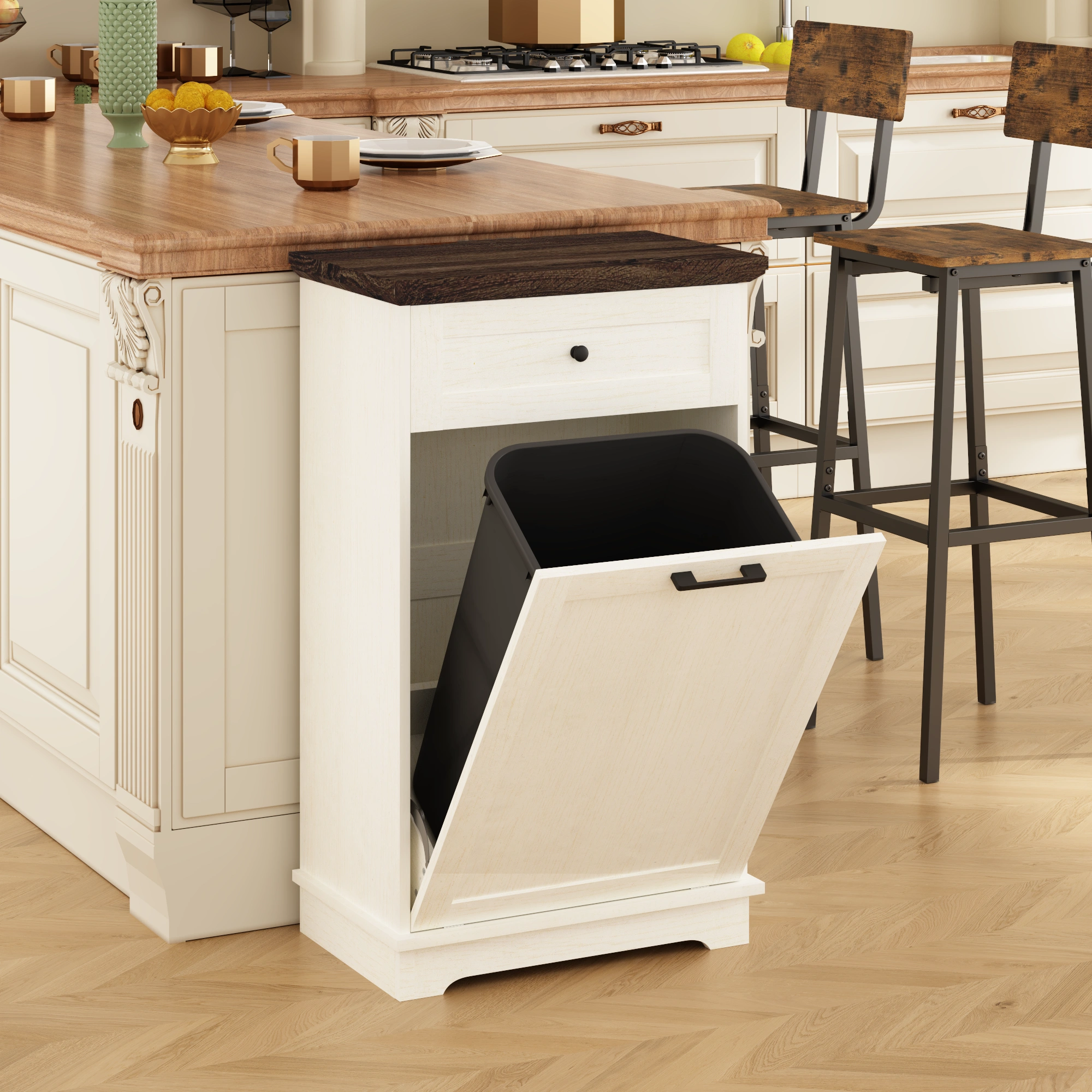 10 Gallon Tilt Out Trash Cabinet Freestanding Trash Bin Cabinet Wood Garbage Recycling Cabinet with Hideaway Drawer Pet Proof Trash Can Holder for Kitchen Living Room, Antique White (not include can) view 25