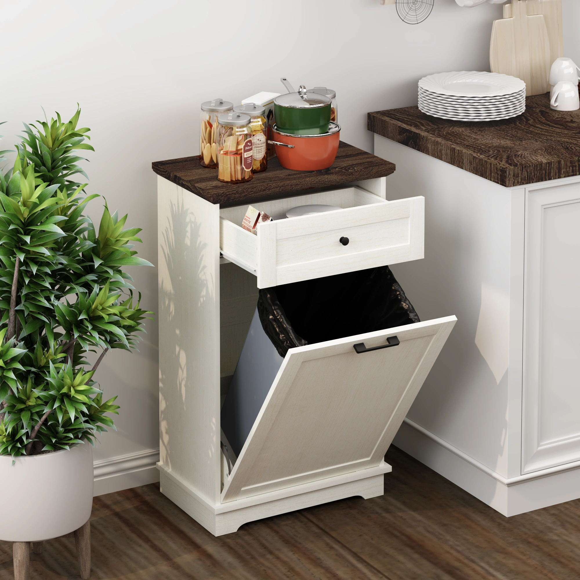 10 Gallon Tilt Out Trash Cabinet Freestanding Trash Bin Cabinet Wood Garbage Recycling Cabinet with Hideaway Drawer Pet Proof Trash Can Holder for Kitchen Living Room, Antique White (not include can) view 26