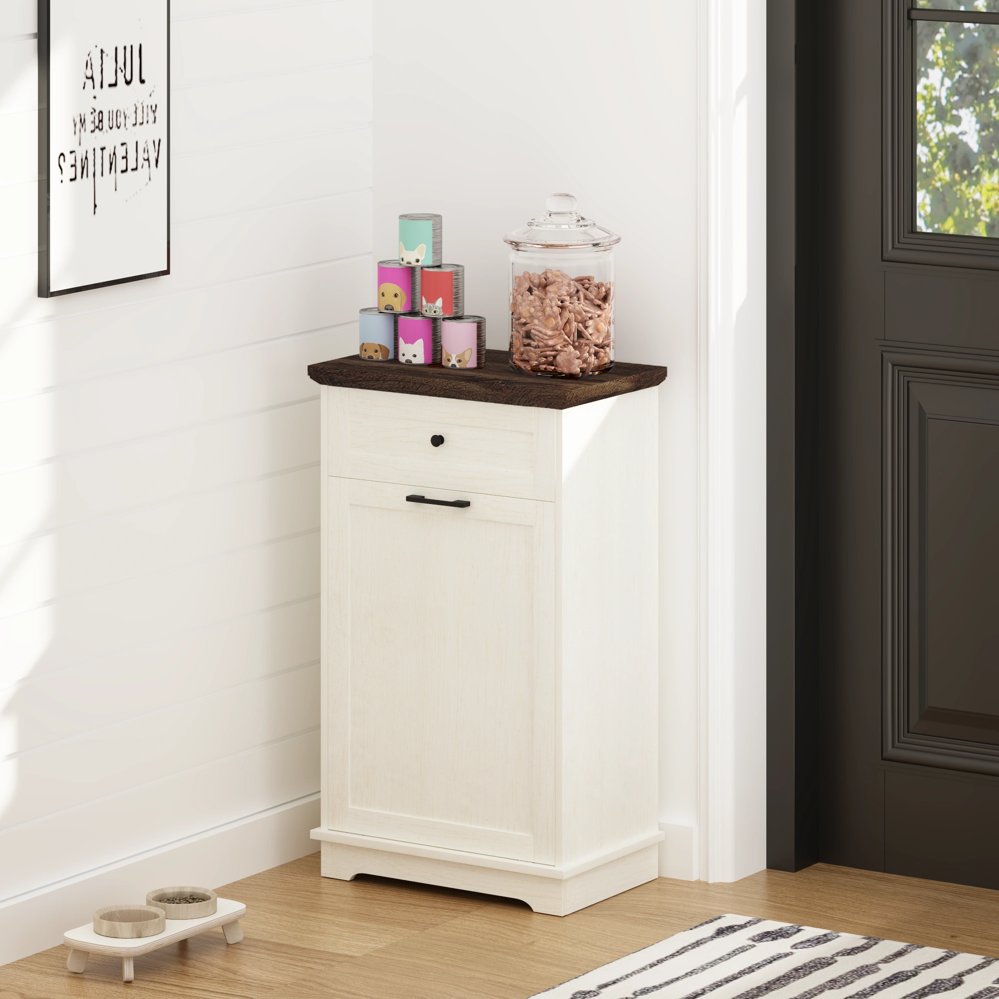10 Gallon Tilt Out Trash Cabinet Freestanding Trash Bin Cabinet Wood Garbage Recycling Cabinet with Hideaway Drawer Pet Proof Trash Can Holder for Kitchen Living Room, Antique White (not include can) view 8