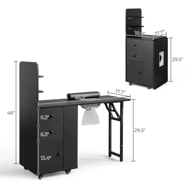 Black MDF Folding Nail Desk with 2 Drawers, Cabinet Door & Storage Shelf view 4