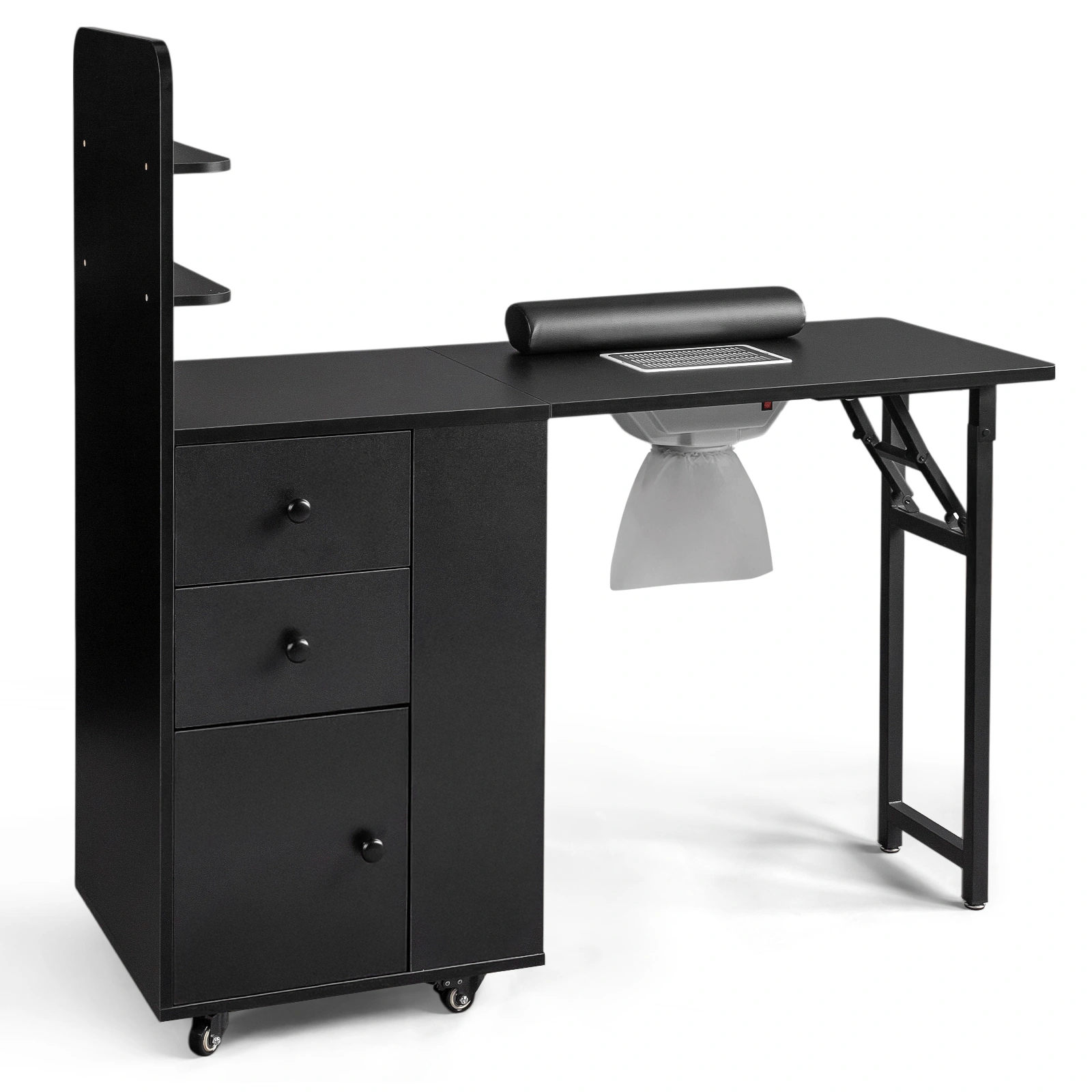 Black MDF Folding Nail Desk with 2 Drawers, Cabinet Door & Storage Shelf