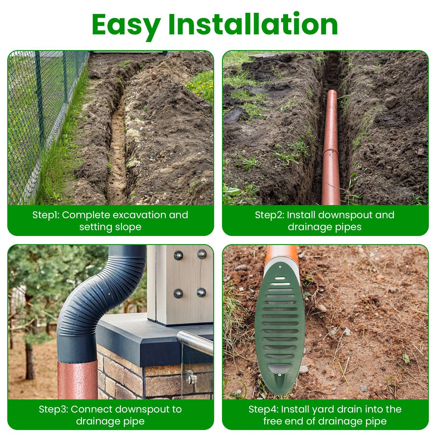4 Inch Green Angled Yard Drainage Pipe with Sloped Grate, Yard Drain Emitter for Sump Pump Discharge & Downspout Extension, 4-Inch view 5