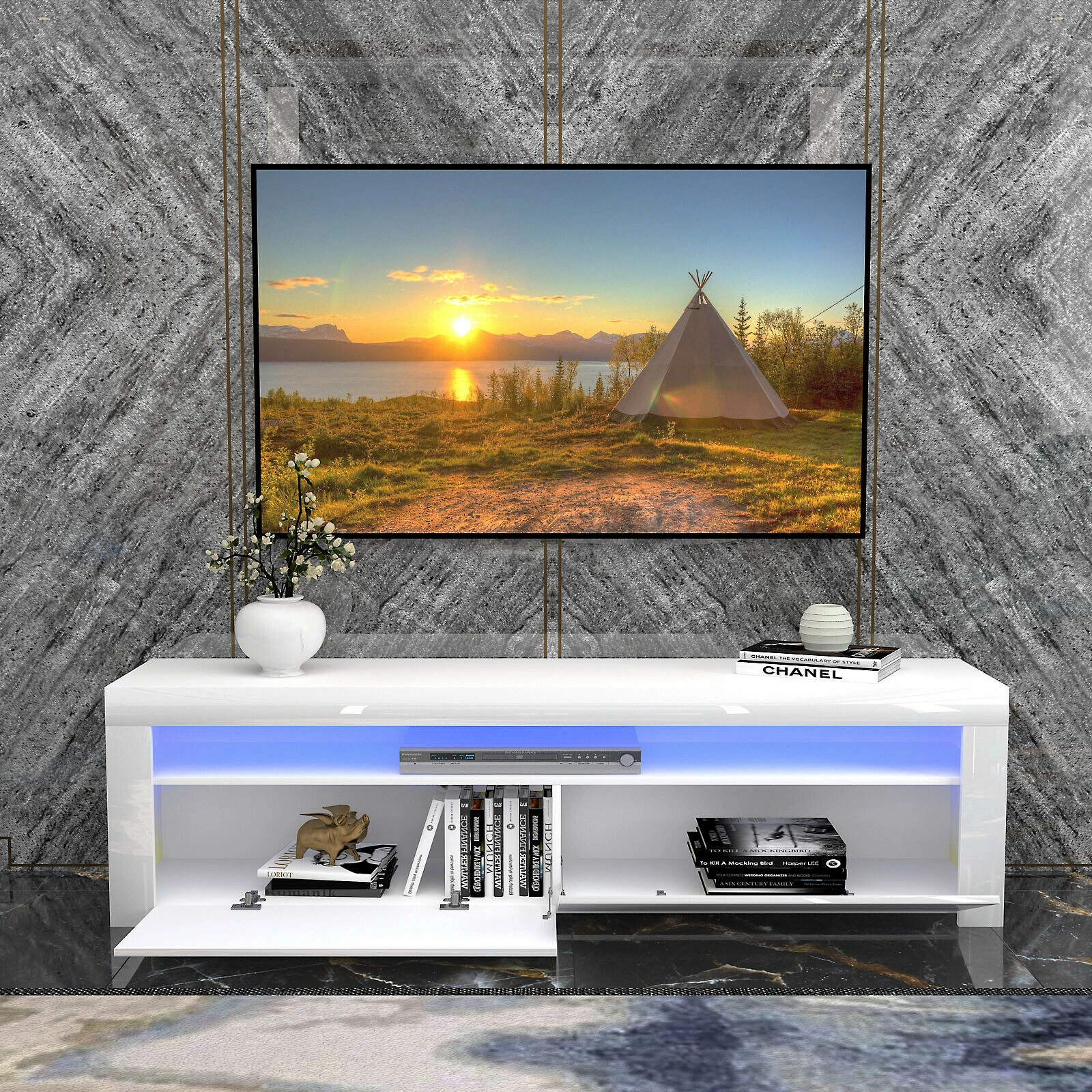 160CM White Modern TV Stand Cabinet Unit - High Gloss Doors, Matt Finish Console with Built-in LED Light