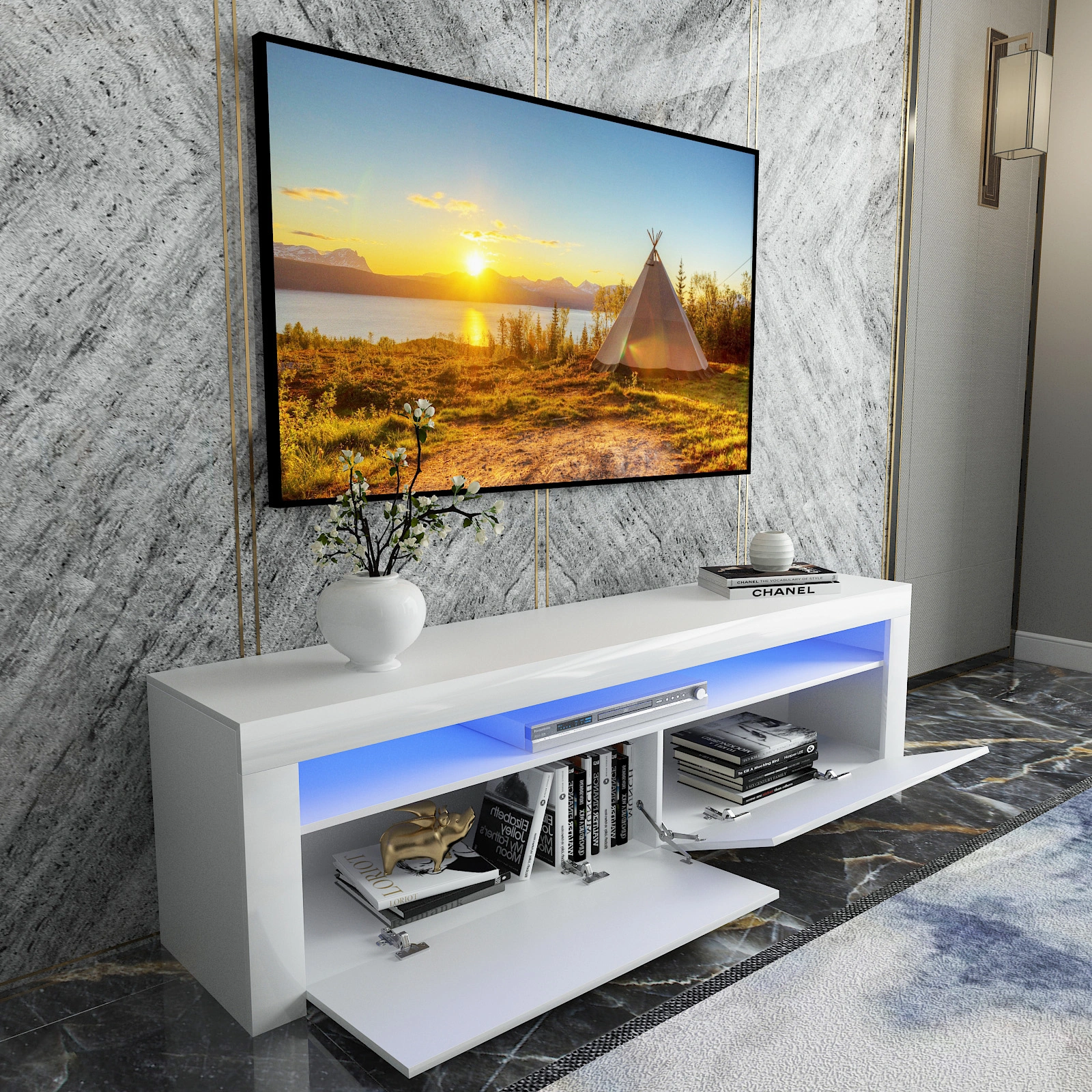 160CM White Modern TV Stand Cabinet Unit - High Gloss Doors, Matt Finish Console with Built-in LED Light view 2