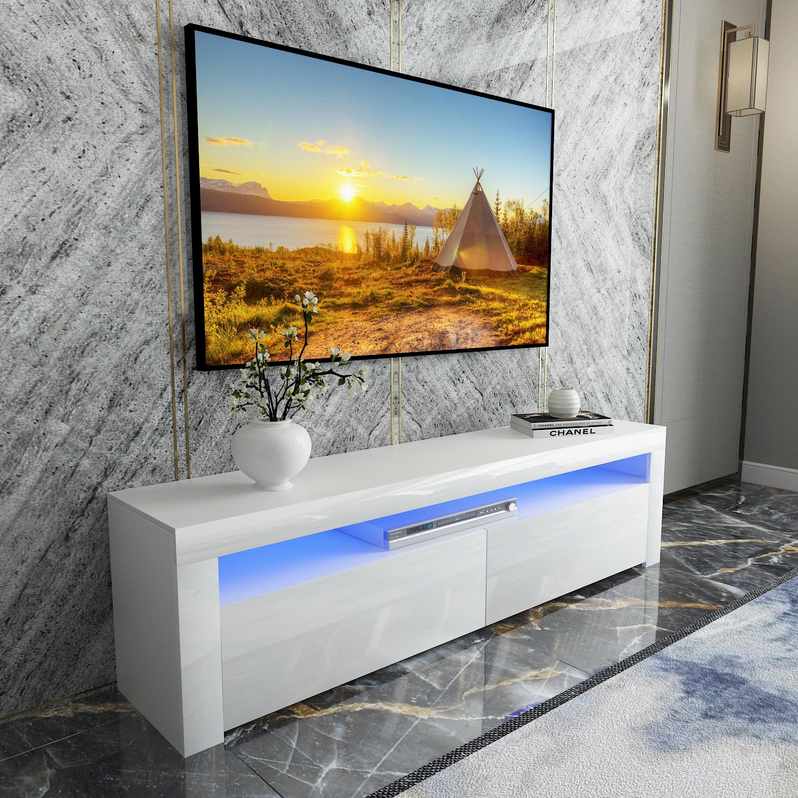 160CM White Modern TV Stand Cabinet Unit - High Gloss Doors, Matt Finish Console with Built-in LED Light view 3