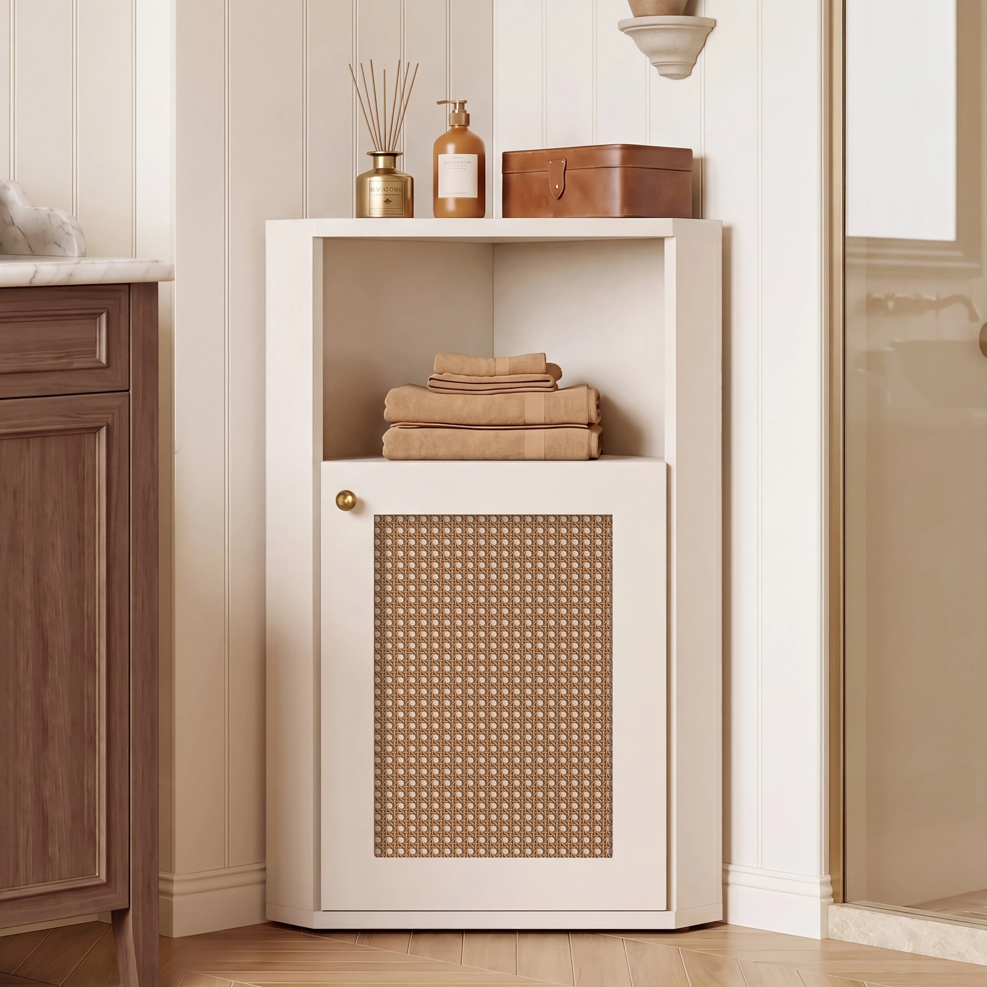 OMCMUU White Rattan Corner Cabinet with Adjustable Shelf, Modern Narrow Freestanding Storage Cupboard for Bathroom, Living Room, Kitchen