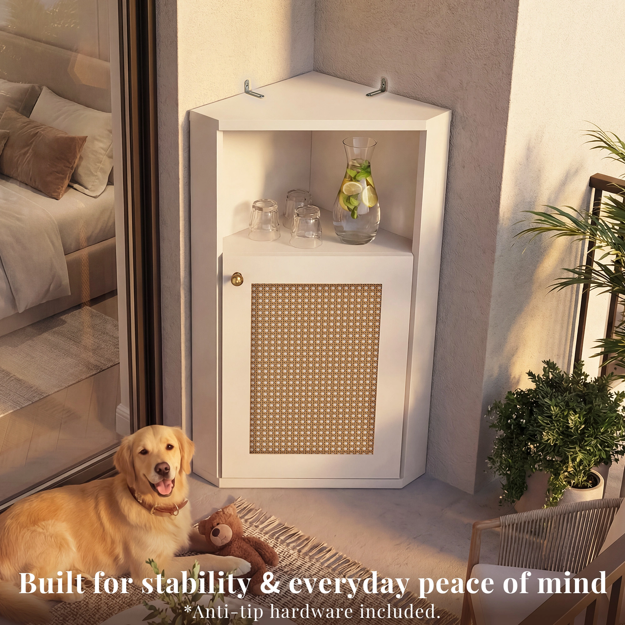 OMCMUU White Rattan Corner Cabinet with Adjustable Shelf, Modern Narrow Freestanding Storage Cupboard for Bathroom, Living Room, Kitchen view 5