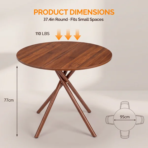 37.4 Inch Round Dining Table for 4-6 People, Cross X Metal Leg Kitchen Dinner Table with Adjustable Foot Pads, Easy Assembly Small Space Dining Room Table, Walnut view 6