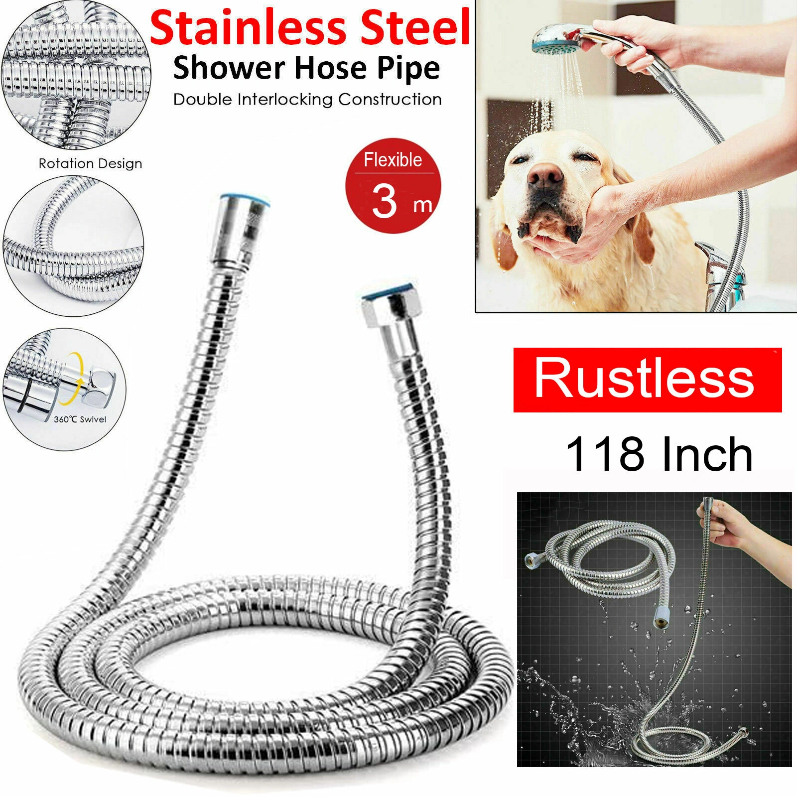 3m/118" Shower Head Hose, Handheld Flexible Braided Tube for Bathroom Shower, Shower Head Not Included view 4