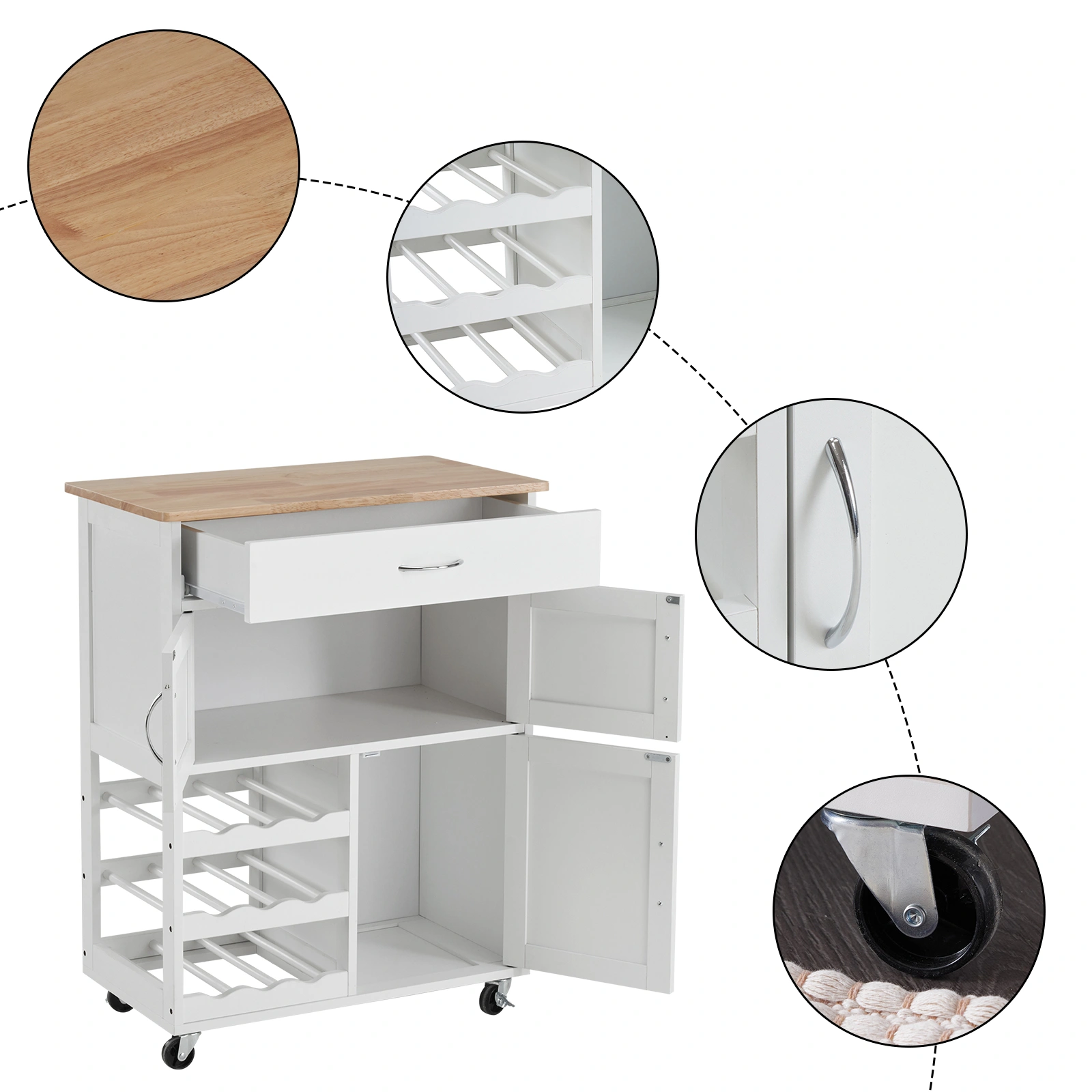 Kitchen Island Cart with Solid Wood Top, Mobile Storage Cabinet on Wheels, 3-Tier Wine Rack & Drawer, Portable Rolling Cart view 3