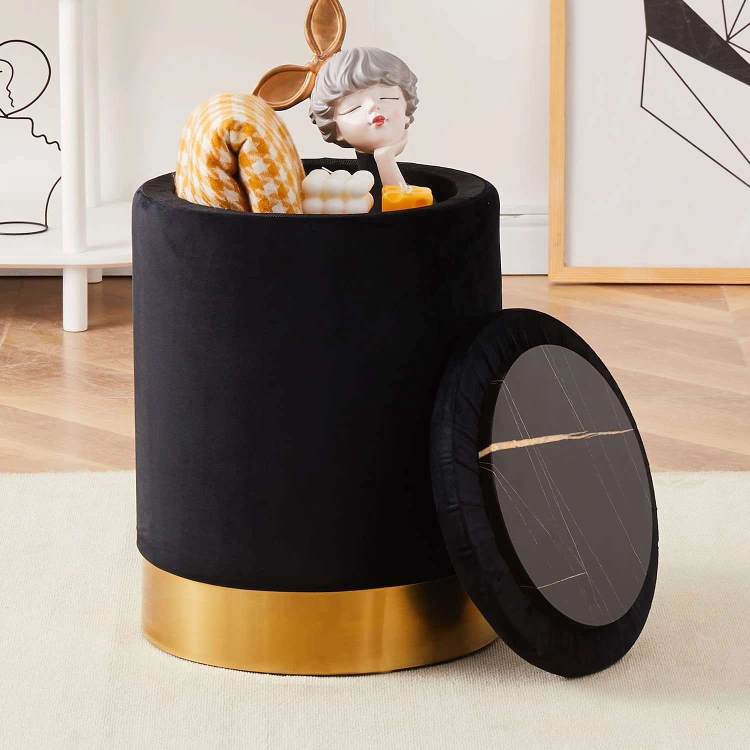 Black Round Storage Ottoman with Gold-Plated Base, 23Qt Faux Leather Pouf, Multipurpose Footrest Stool for Living Room & Bedroom