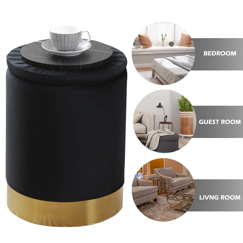 Black Round Storage Ottoman with Gold-Plated Base, 23Qt Faux Leather Pouf, Multipurpose Footrest Stool for Living Room & Bedroom view 2