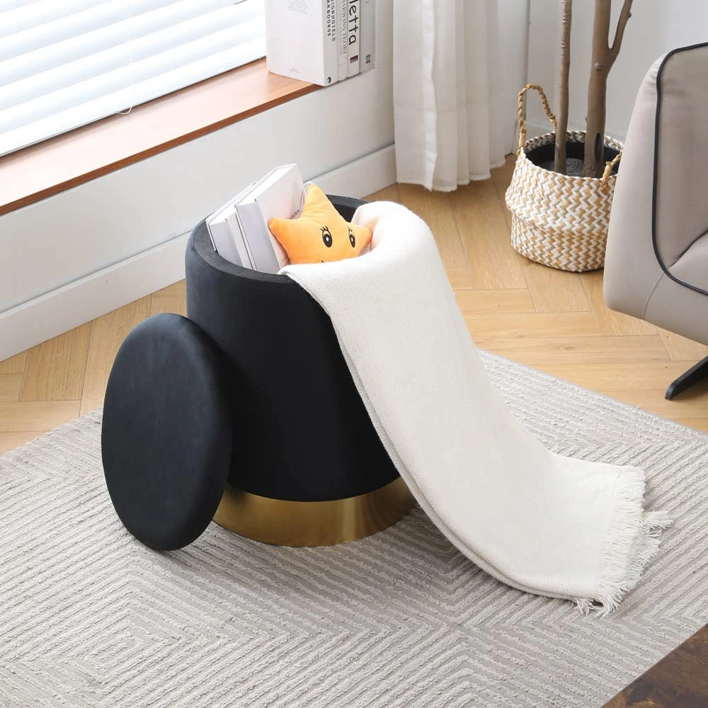Black Round Storage Ottoman with Gold-Plated Base, 23Qt Faux Leather Pouf, Multipurpose Footrest Stool for Living Room & Bedroom view 3