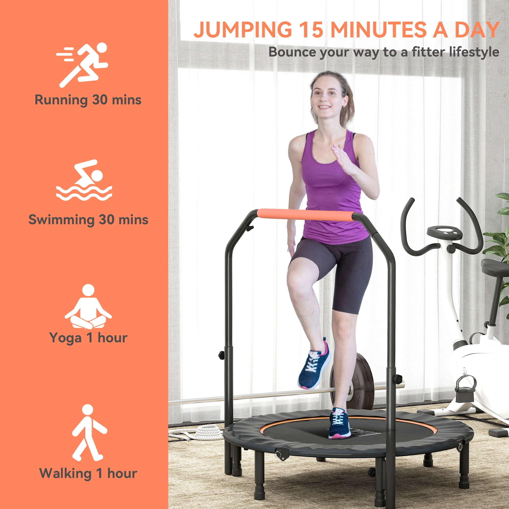 Fitness Trampoline for Adults & Kids, 41" Foldable Exercise Rebounder Trampoline, 440lbs Weight Capacity, Indoor Bounce Trampoline with Foam Handle, Black view 2