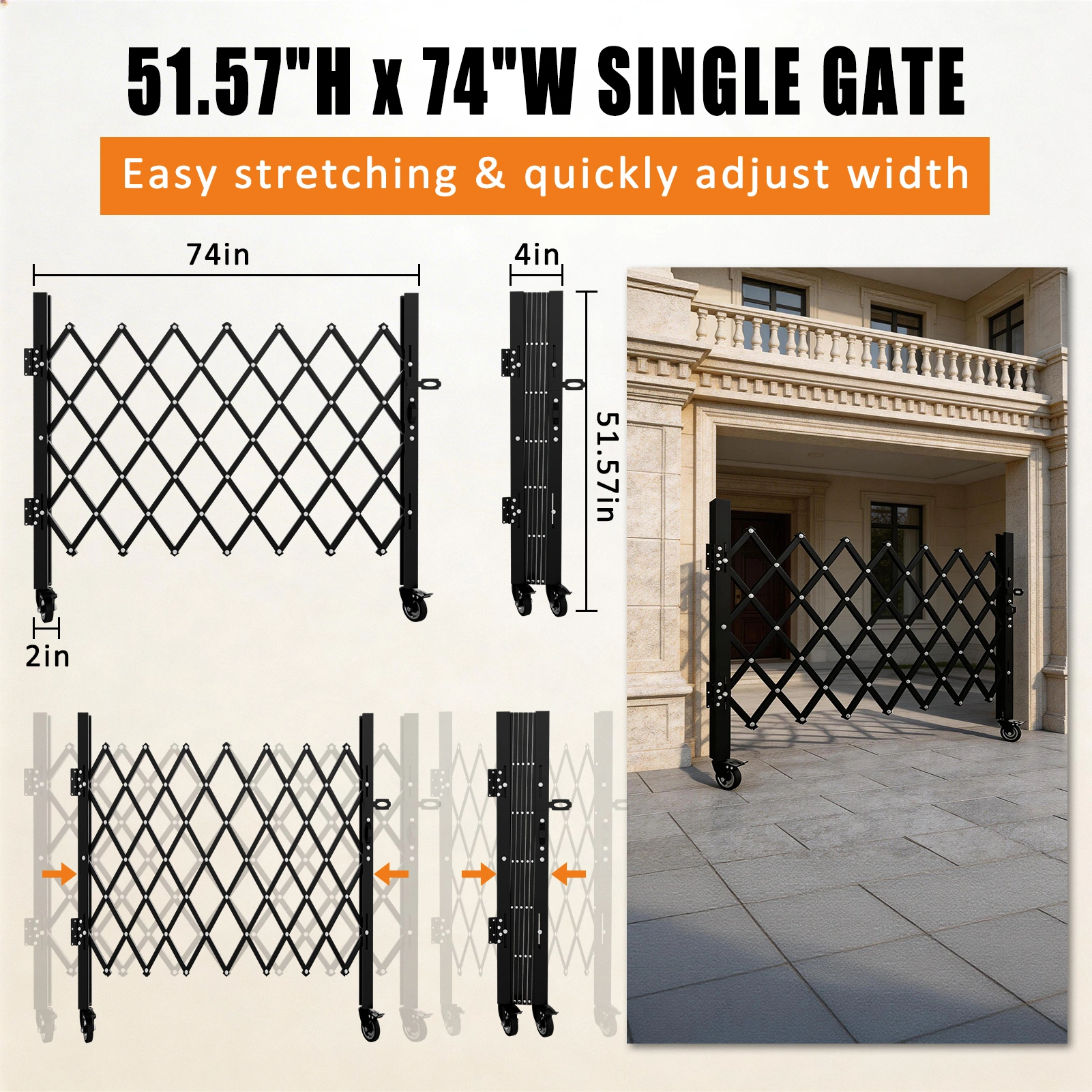 Foldable Security Gate, Expandable Safety Barrier, 360° Swivel Casters Lockable Design, Portable Rolling Barricade for Garage Warehouse Driveway Pool, 51.57"H x 74"W view 5