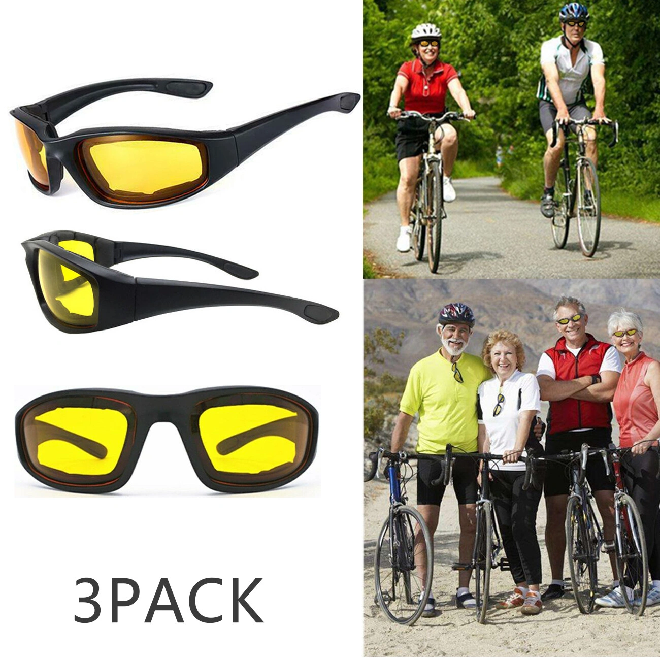 3 Pairs Motorcycle Riding Glasses Wind Resistant Sports Goggles Biker Sunglasses Eye Protection Cycling Sunglass Yellow Lens