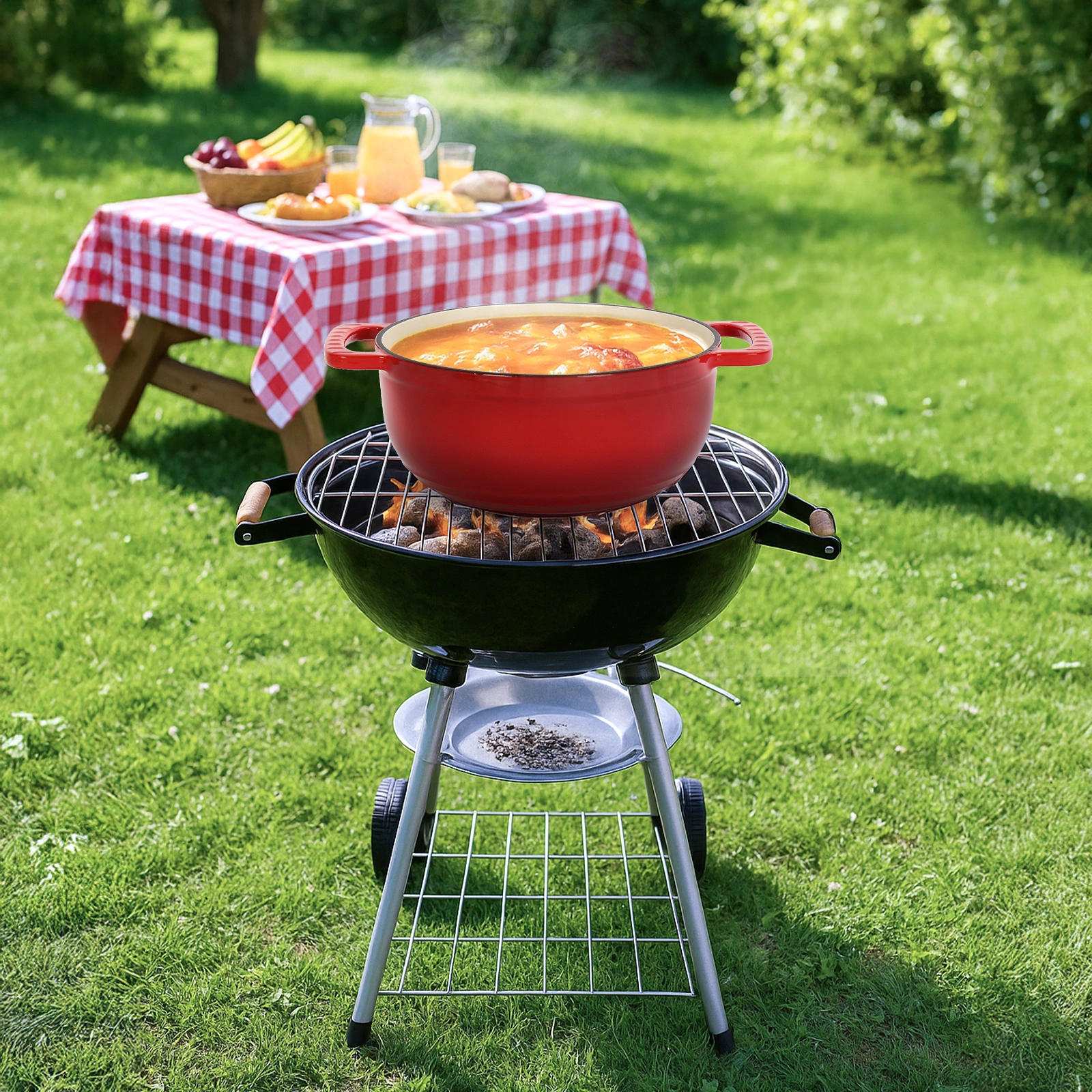 Cast iron 5QT cooking pot - Gradient red - Includes two silicone gloves - Enamel pot view 7