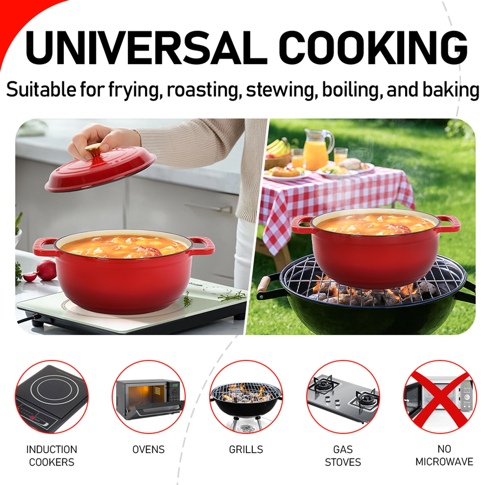 Cast iron 5QT cooking pot - Gradient red - Includes two silicone gloves - Enamel pot view 8