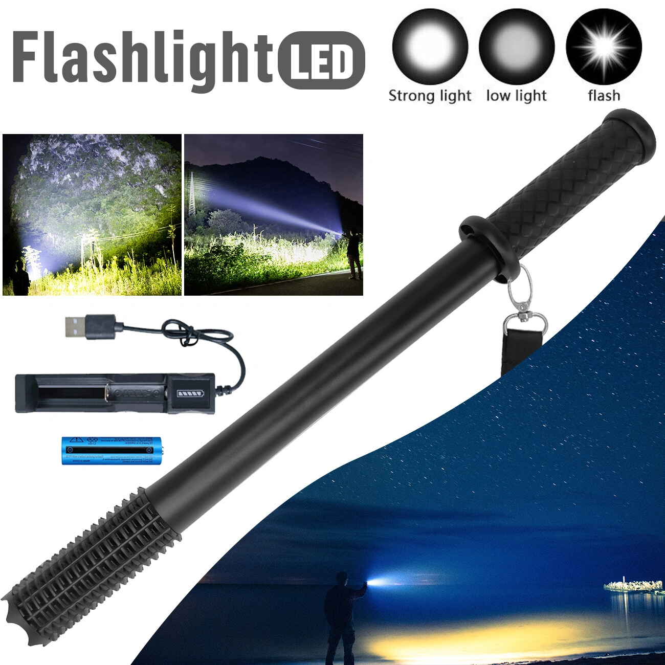 USB Rechargeable LED Flashlight, 3-Mode Security Torch for Hiking Camping & Outdoor Adventures