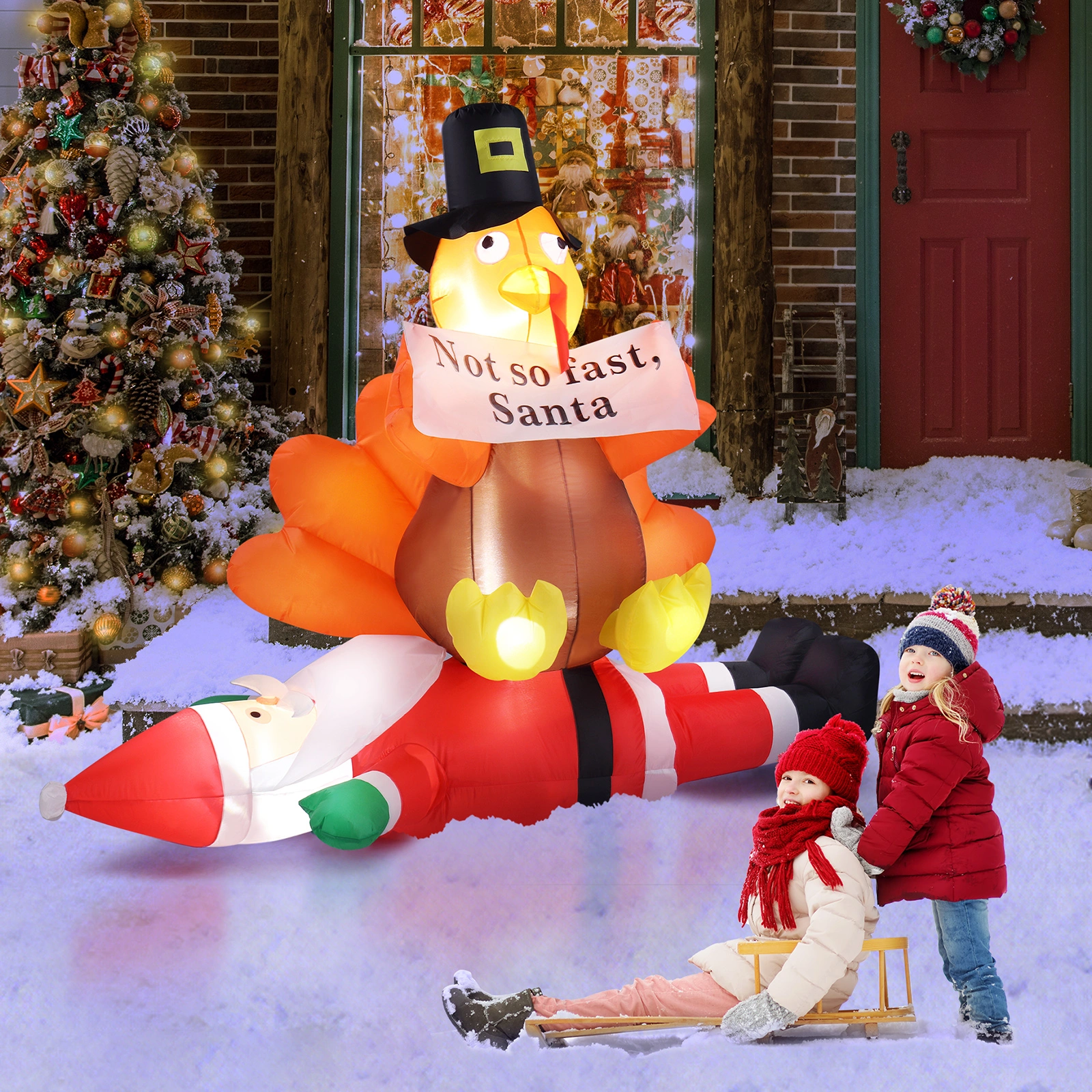 4.9 FT Lighted Christmas Inflatable Decoration, Inflatable Turkey Sitting on Santa Claus, Funny Blow Up Yard Decorations with Built-in LED Lights for Holiday Party Front Yard Lawn Garden Decor view 20