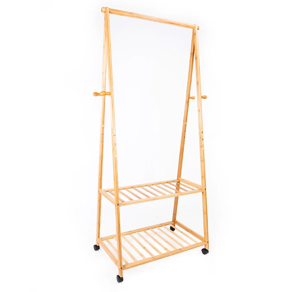 2-Layer Portable Clothes Hanger with Wheels, Foldable Storage Rack, Wood Color view 2