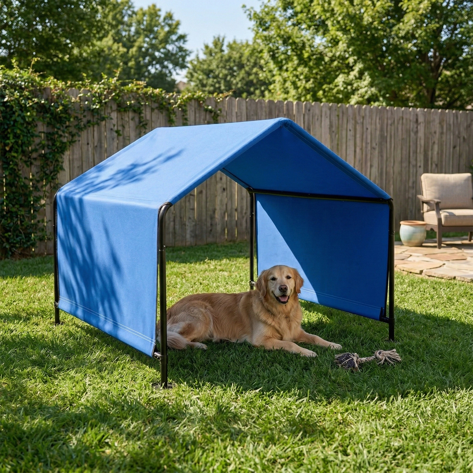 4*4*3.3FT Black Iron Pipe PVC Coated Polyester Tarpaulin Waterproof and UV-resistant Blue Pet Tent. Tarpaulin bottom is sewn together; top has Velcro closure view 4