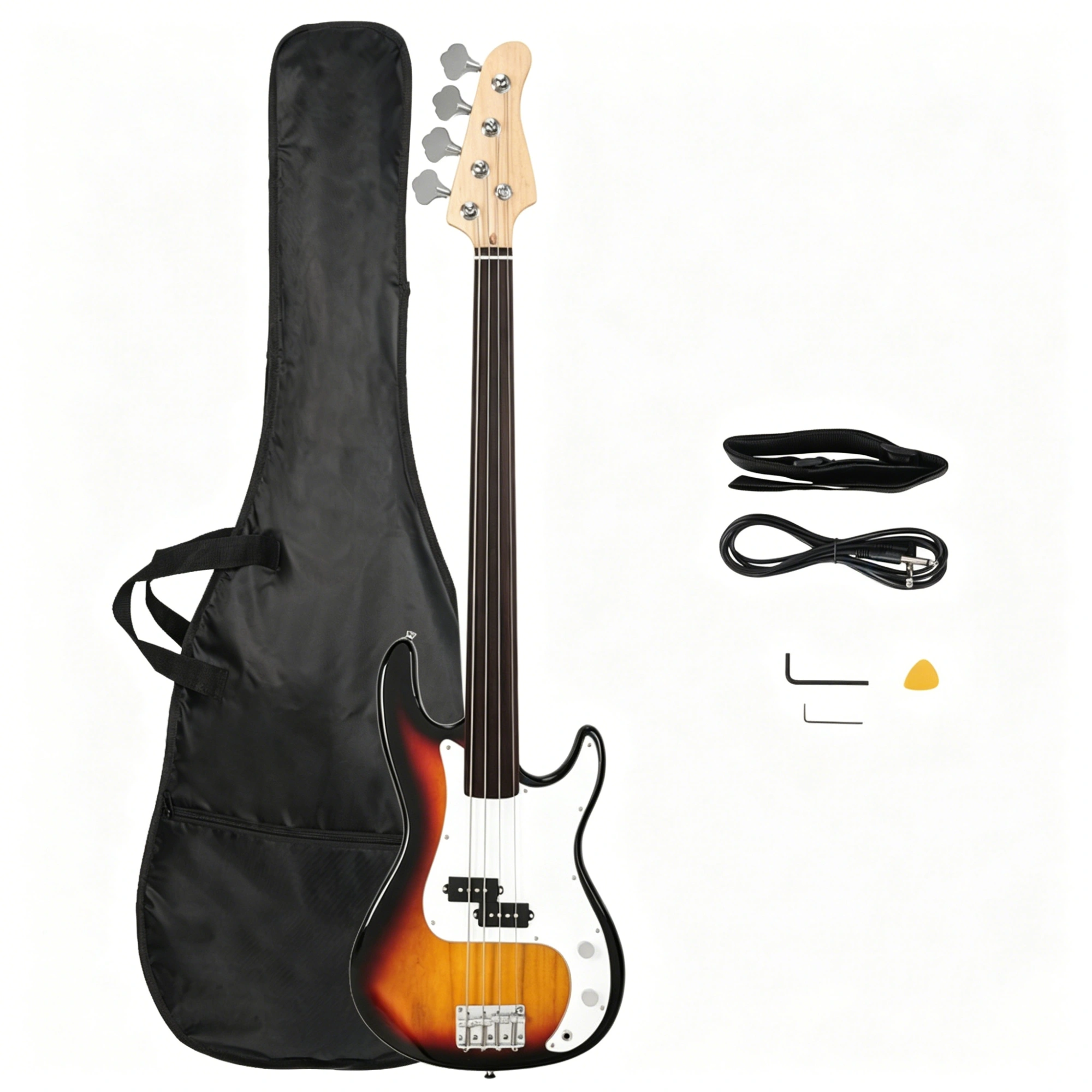 Fretless Electric Bass Guitar Full Size 4 String for experienced Bass Players Cord Wrench Tool Sunset Color