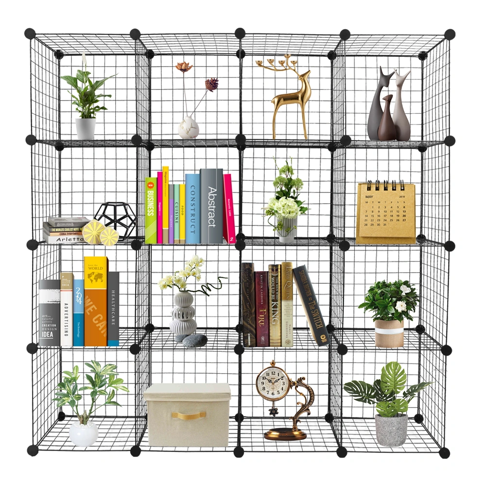 16-Cube Storage Organizer Shelves - Metal Grid Wire Modular Origami Shelf Unit, Multifunctional Cubby Bookcase, Black