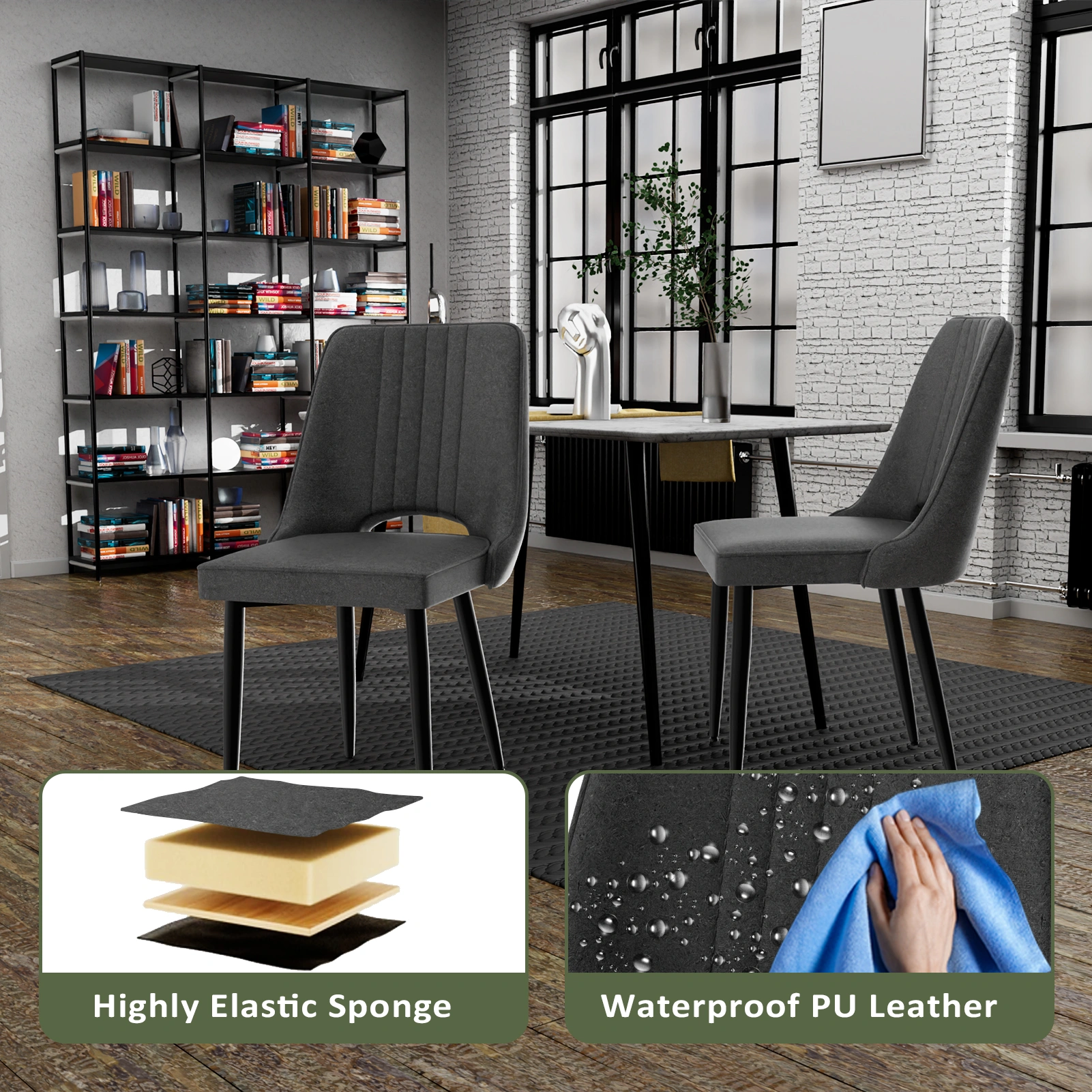 Set of 2 Dining Chairs, PU Leather Kitchen Chairs w/Backrest, Dining Room Chairs for Living Room Lounge Counter, Black view 3