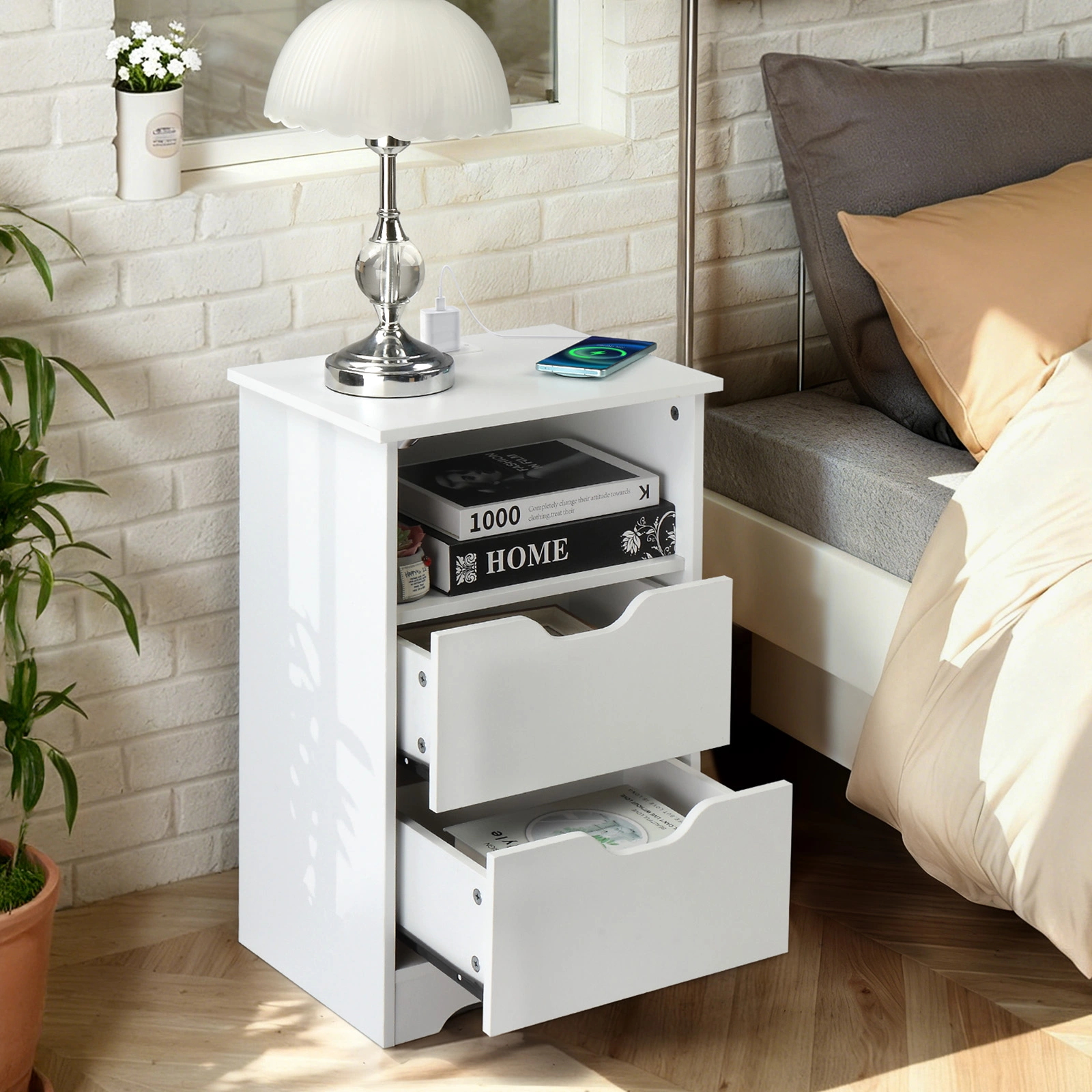 White Textured P2 Particleboard Bedside Table, Handleless Nightstand w/ 2 Drawers & Upper Shelf, European Power Outlet, 40x30x60cm, 1PC