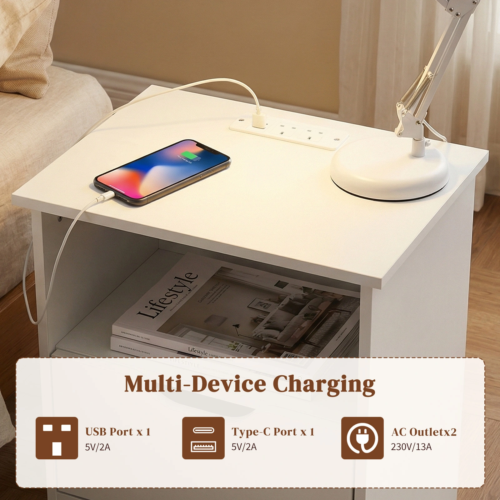 White Textured P2 Particleboard Bedside Table, Handleless Nightstand w/ 2 Drawers & Upper Shelf, European Power Outlet, 40x30x60cm, 1PC view 3