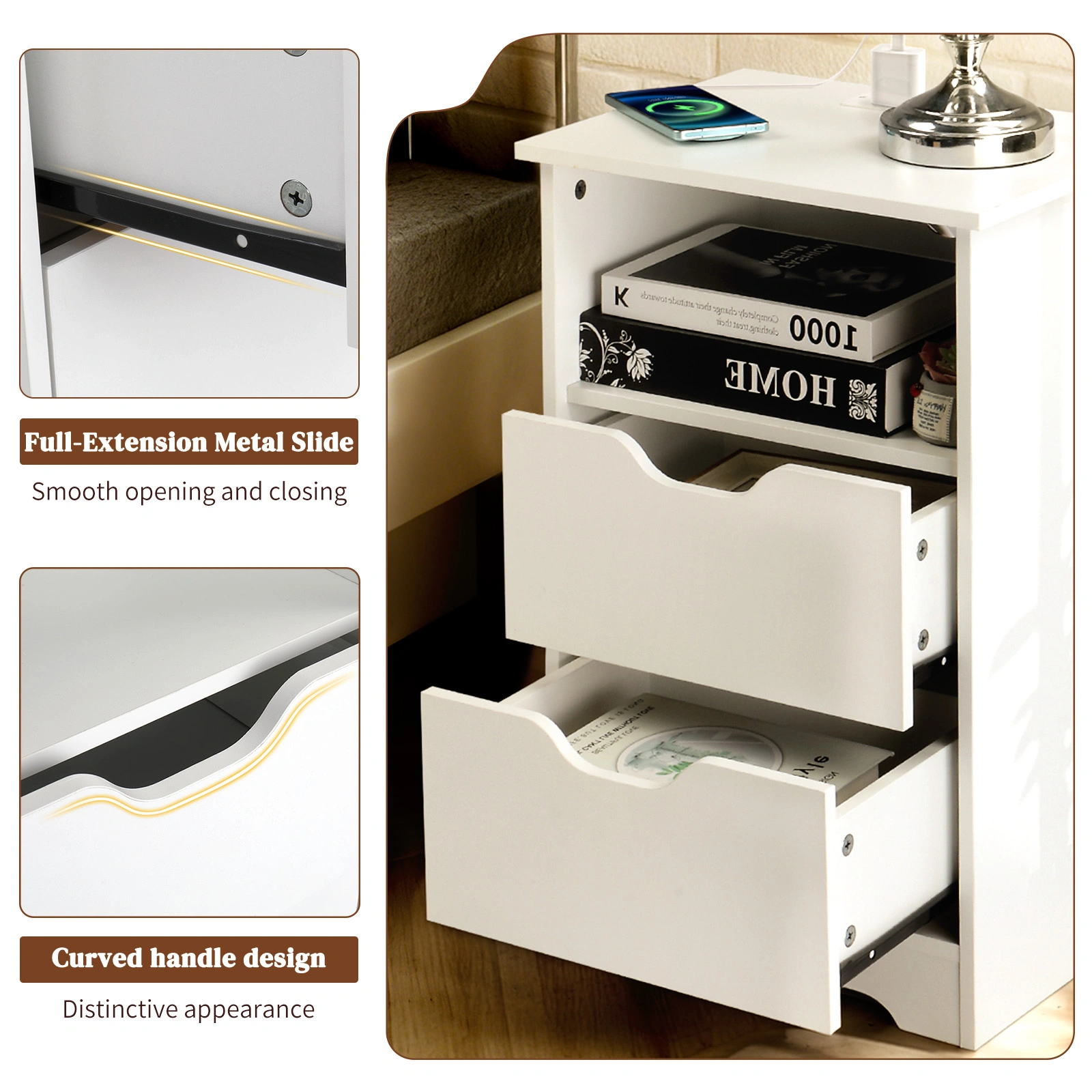 White Textured P2 Particleboard Bedside Table, Handleless Nightstand w/ 2 Drawers & Upper Shelf, European Power Outlet, 40x30x60cm, 1PC view 4