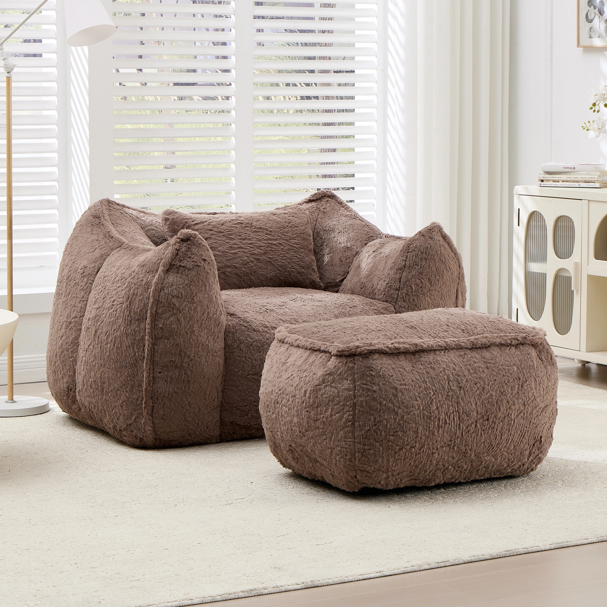 Giant Bean Bag Chair for Adults &Kids Faux Fur Bean Bag Sofa Chairs with Pillow &Ottoman, Comfy Reading & Gaming Beanbag Couch for Bedroom Living Room, Khaki