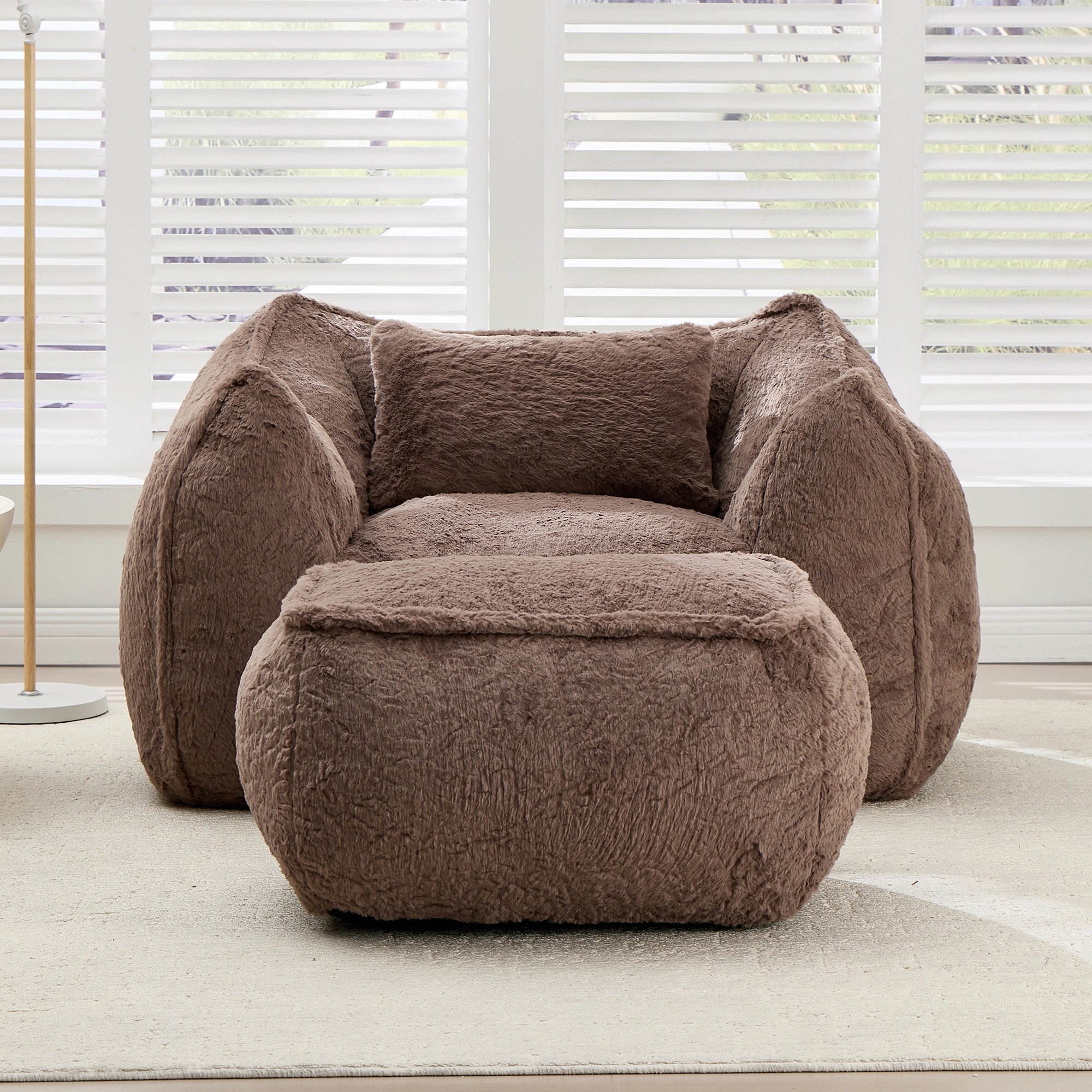 Giant Bean Bag Chair for Adults &Kids Faux Fur Bean Bag Sofa Chairs with Pillow &Ottoman, Comfy Reading & Gaming Beanbag Couch for Bedroom Living Room, Khaki view 2