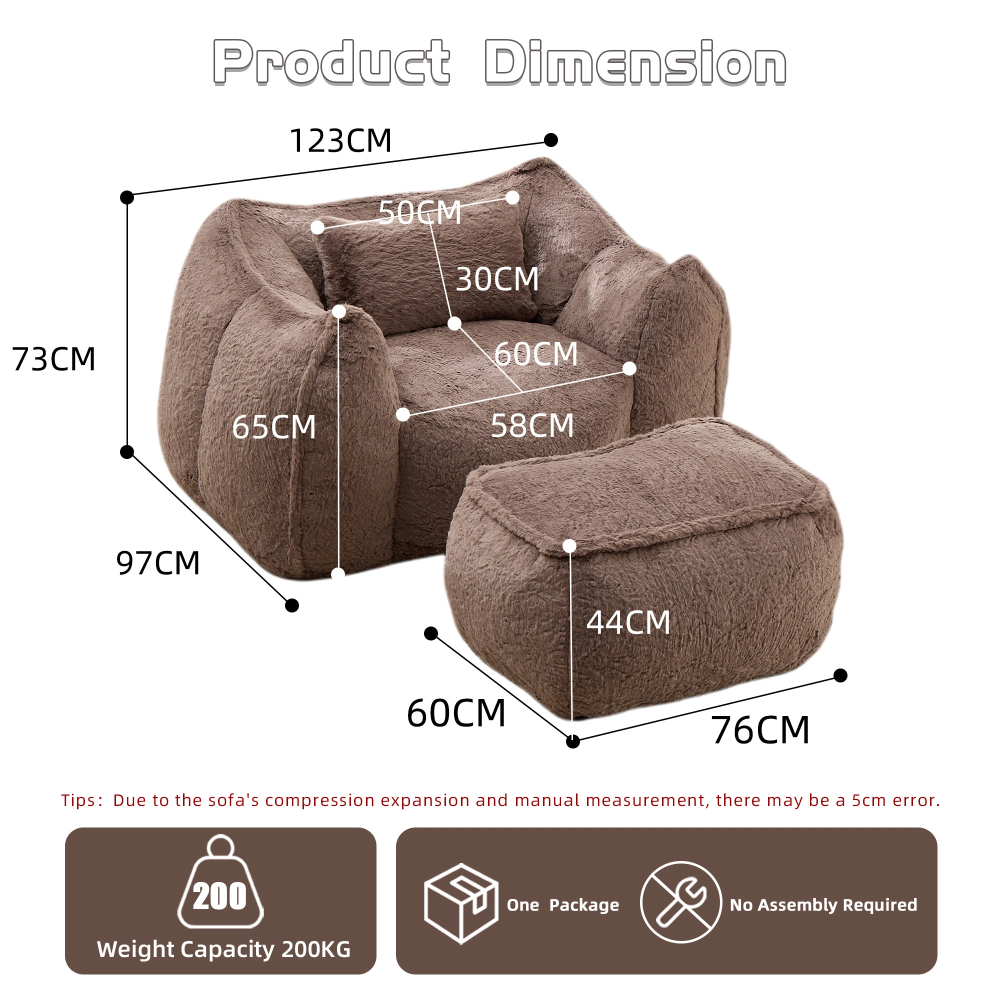 Giant Bean Bag Chair for Adults &Kids Faux Fur Bean Bag Sofa Chairs with Pillow &Ottoman, Comfy Reading & Gaming Beanbag Couch for Bedroom Living Room, Khaki view 3