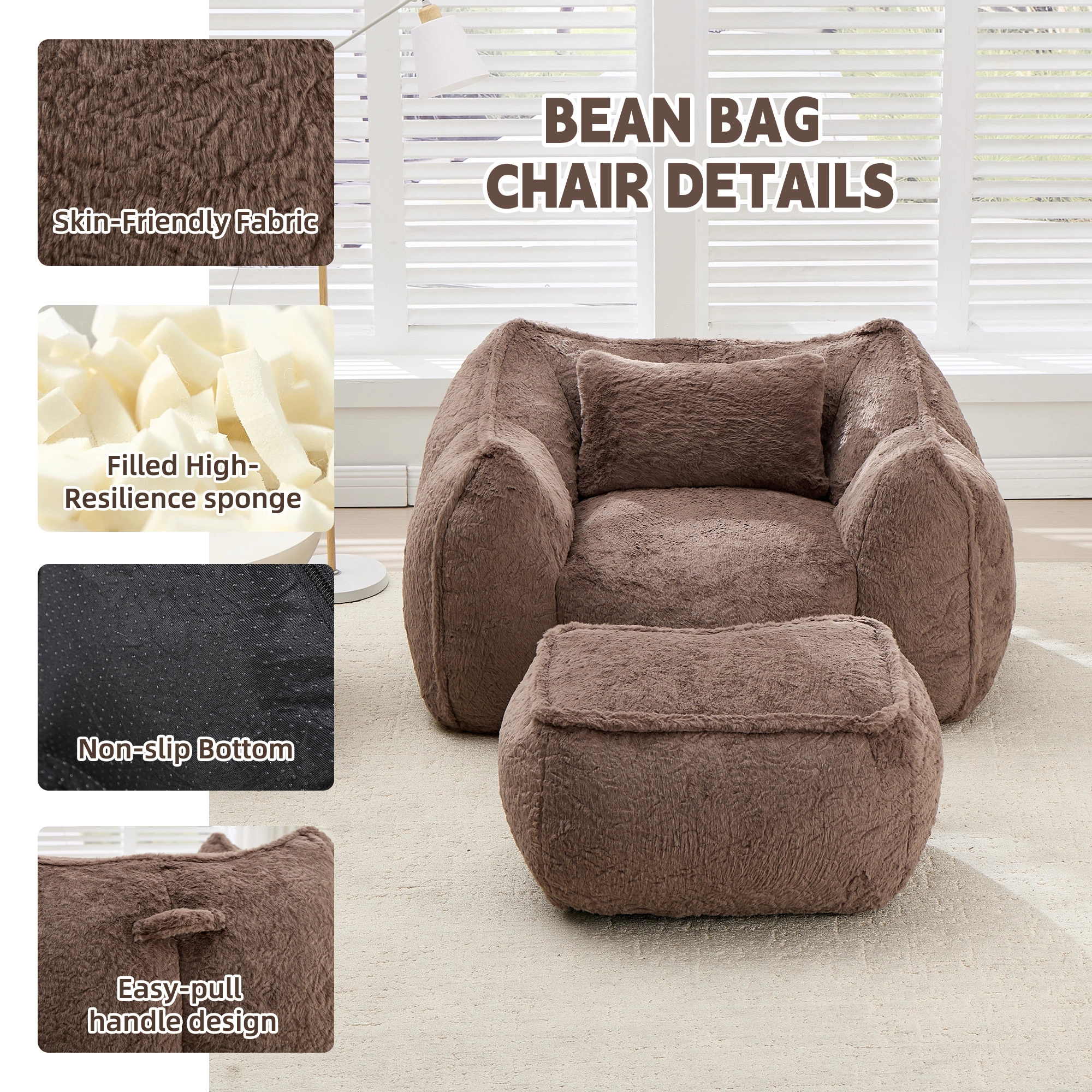 Giant Bean Bag Chair for Adults &Kids Faux Fur Bean Bag Sofa Chairs with Pillow &Ottoman, Comfy Reading & Gaming Beanbag Couch for Bedroom Living Room, Khaki view 4