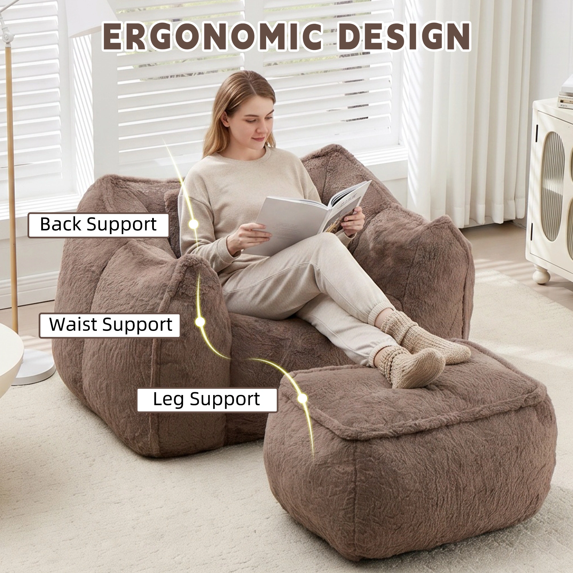 Giant Bean Bag Chair for Adults &Kids Faux Fur Bean Bag Sofa Chairs with Pillow &Ottoman, Comfy Reading & Gaming Beanbag Couch for Bedroom Living Room, Khaki view 5