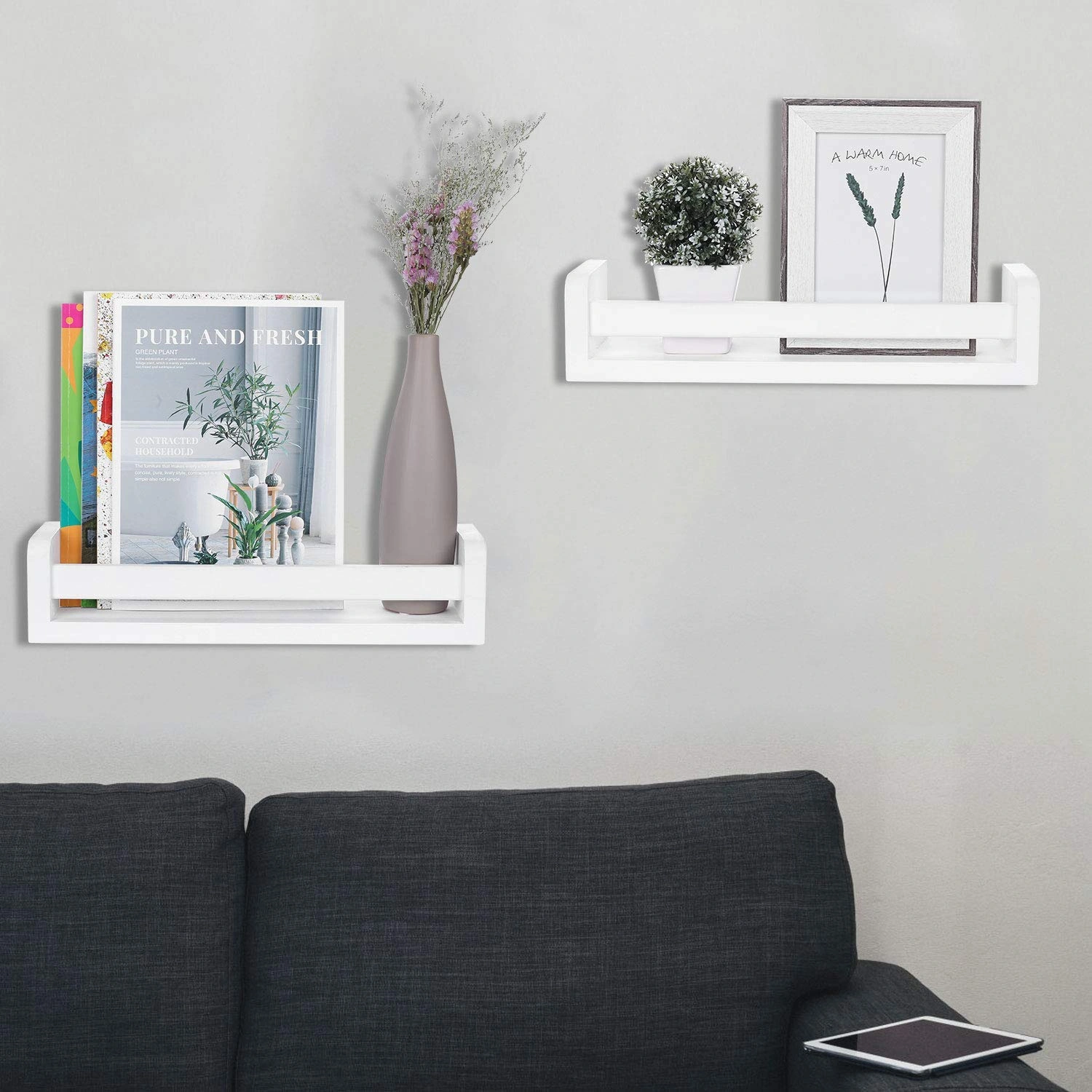 Set of 2 White Floating Wall Shelves, Wood Nursery Shelf Brackets, Decorative Bookshelf & Toy Organizer for Kids Room view 2