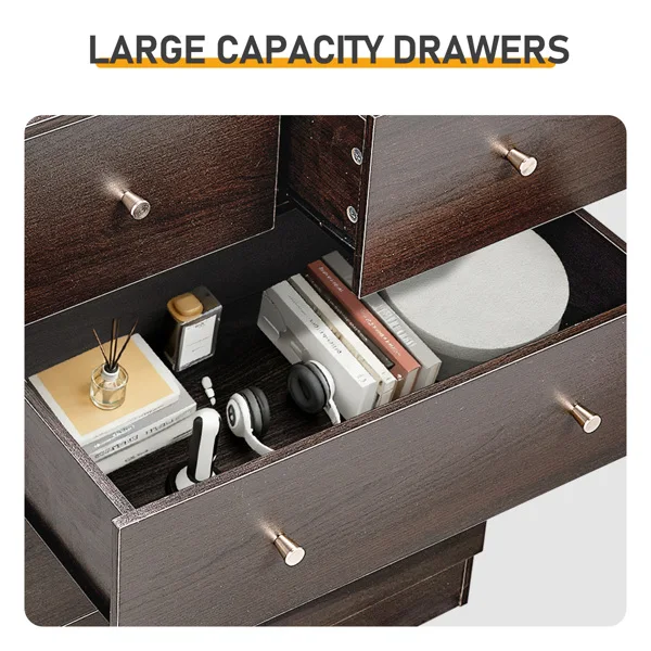 Brown particleboard with a textured melamine finish, 66*40*111cm, 4+2 drawer cabinet, matte gold handles view 4