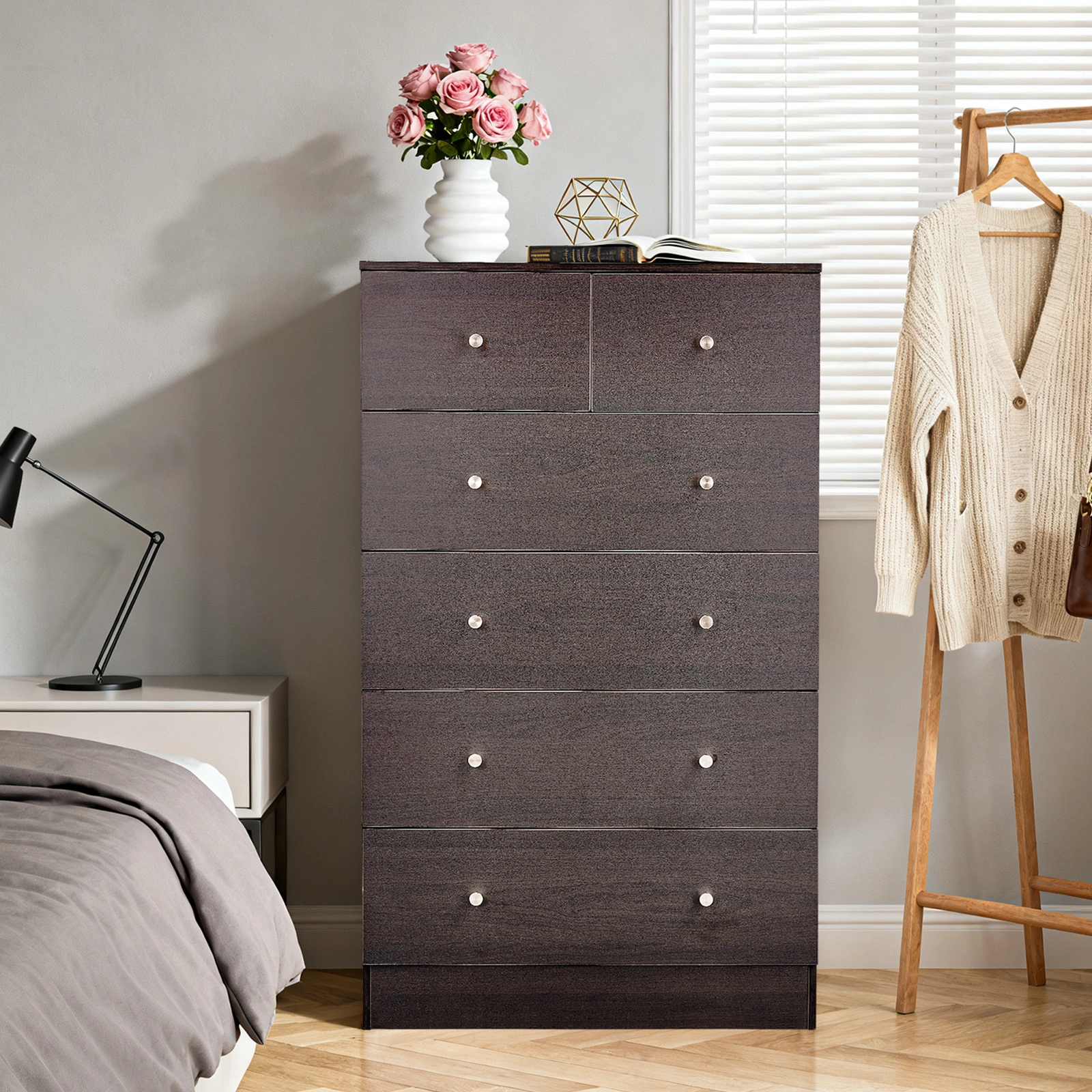 Brown particleboard with a textured melamine finish, 66*40*111cm, 4+2 drawer cabinet, matte gold handles