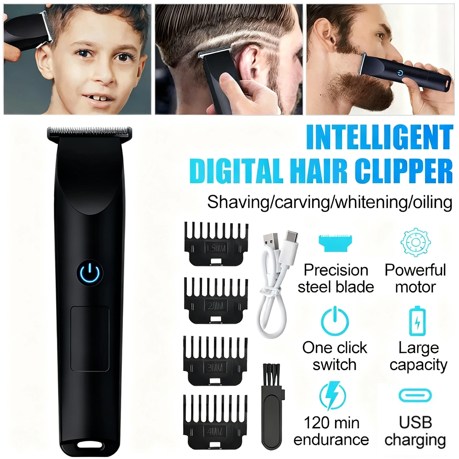 Men's Pro Electric Hair Clippers & Beard Trimmer, Rechargeable Barber Shaving Machine - Black