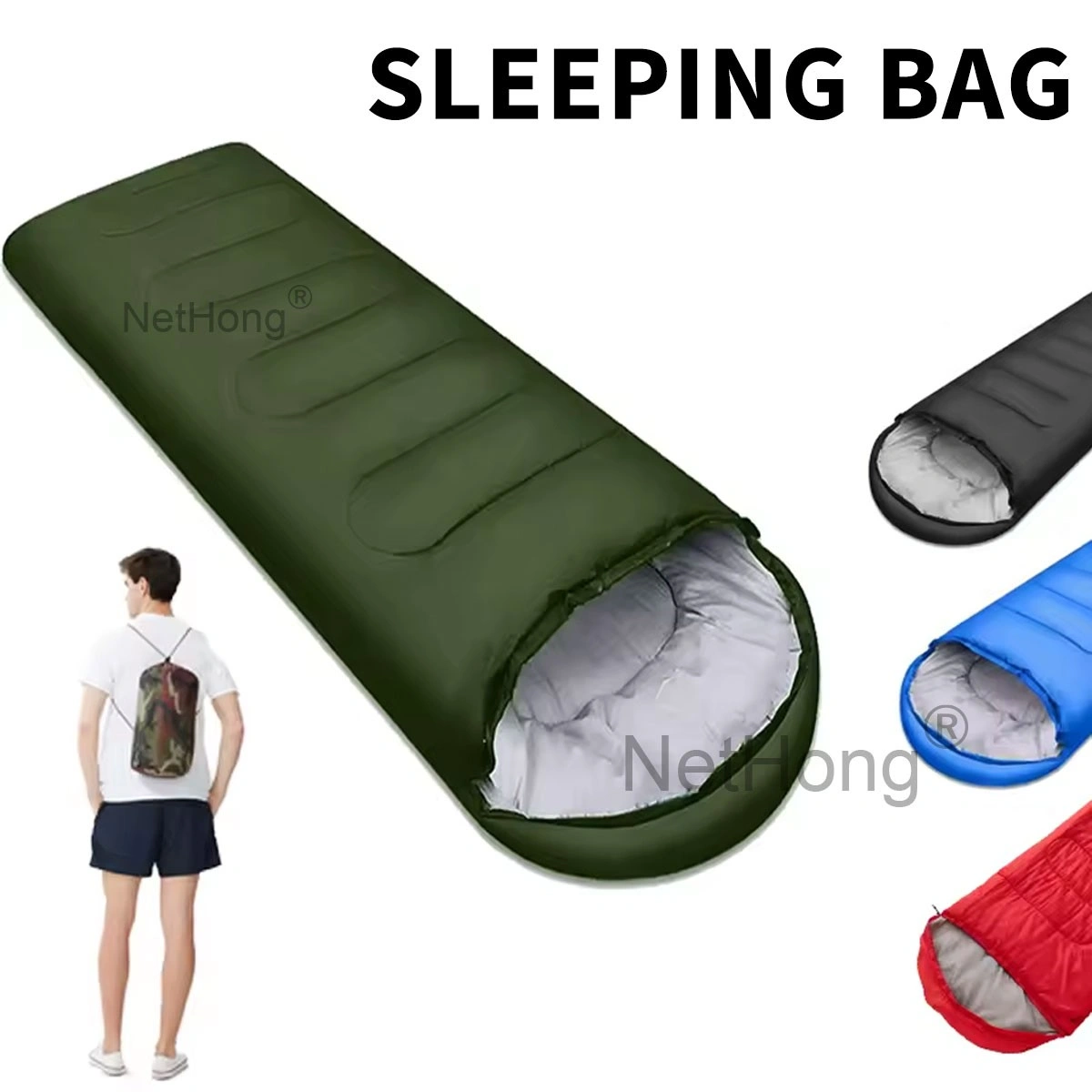 3-4 Season Sleeping Bag Single Rectangular Envelope Zip Up Camping for Kids Adults - Green view 4