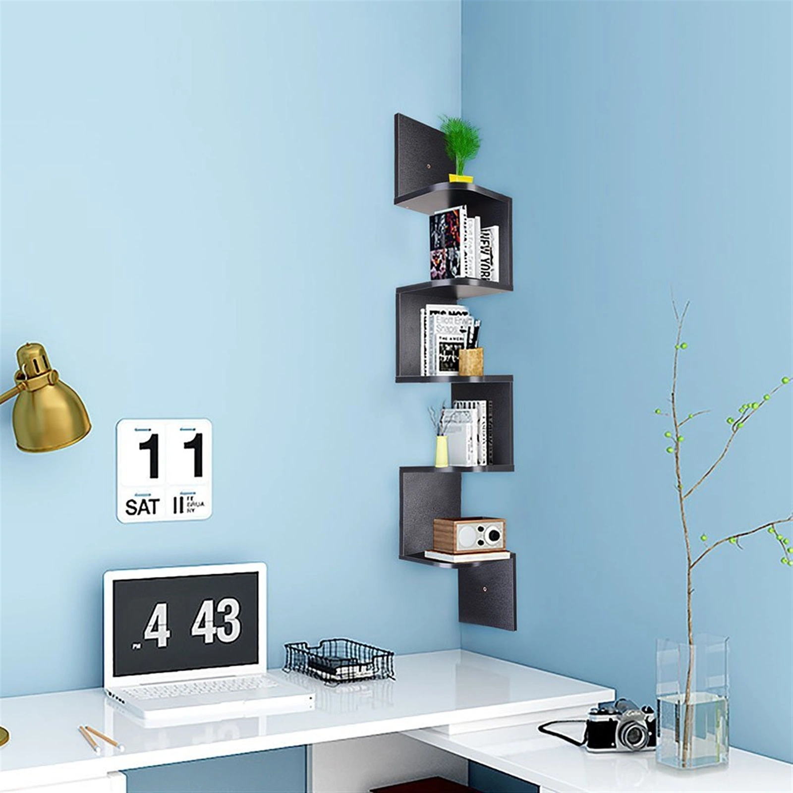 5 Tier Corner Wall Shelf Zig Zag Wooden Floating Shelves Wall Mount Rack Black Home Storage Display view 2