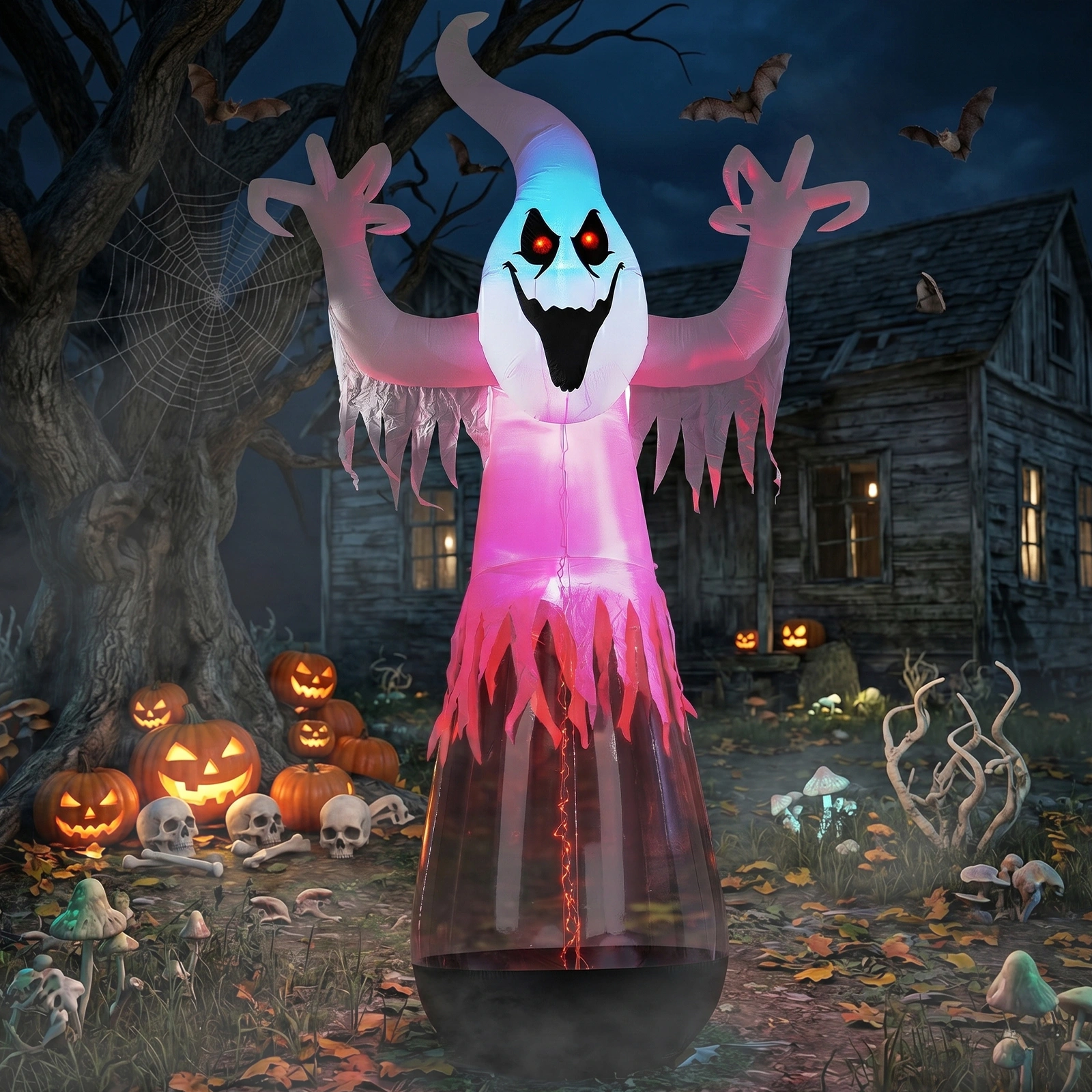 12ft Inflatable Halloween Decor Half-Body Clear PVC White Ghost with 2 LED Lights & 1 Stage Light, Black & White, 12V 2000mA US Power Adapter view 10