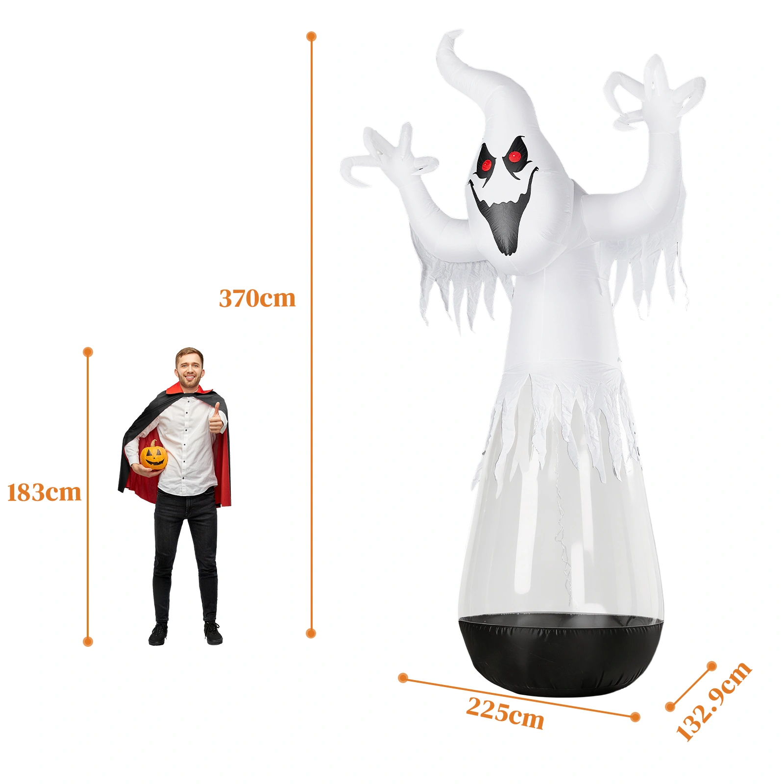 12ft Inflatable Halloween Decor Half-Body Clear PVC White Ghost with 2 LED Lights & 1 Stage Light, Black & White, 12V 2000mA US Power Adapter view 2