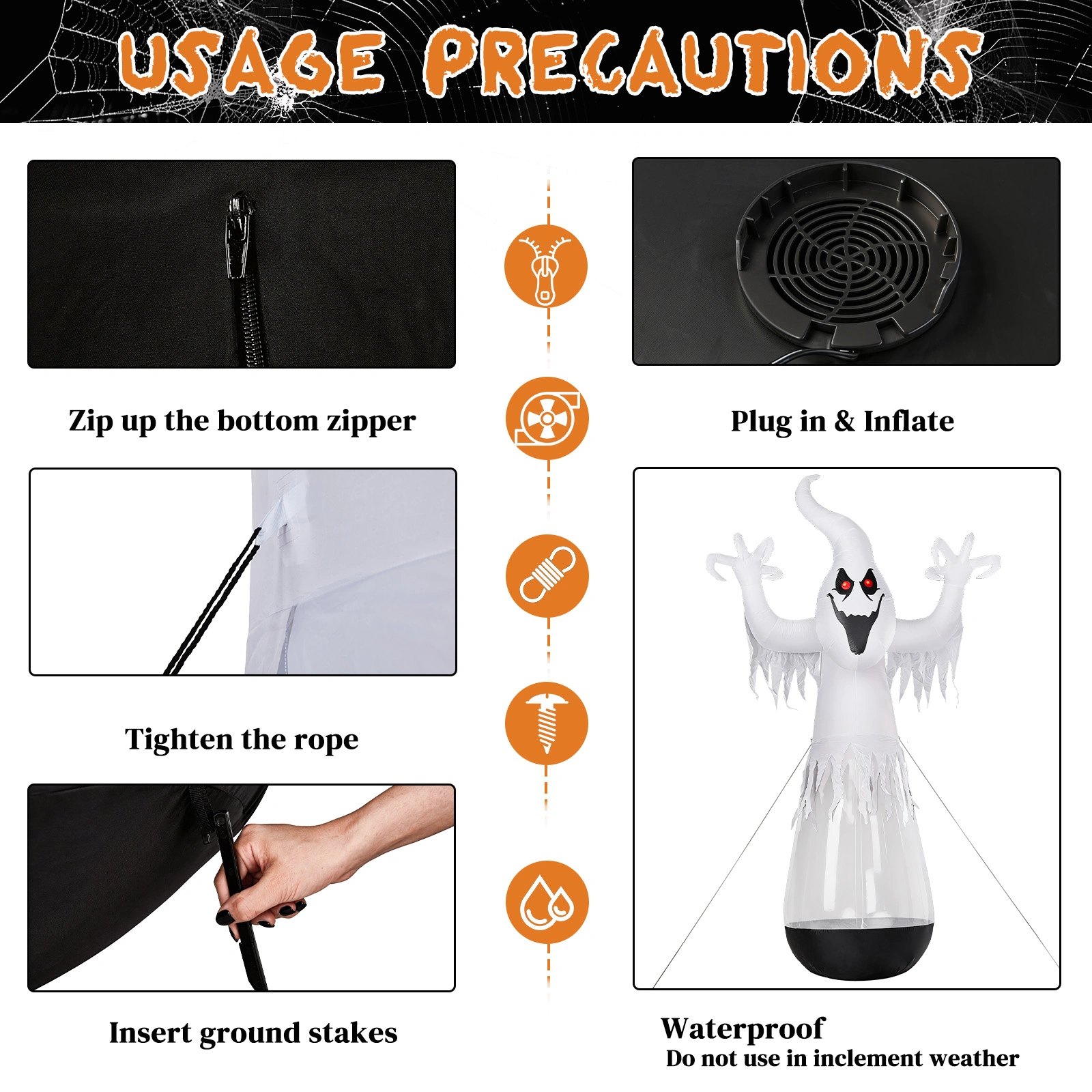 12ft Inflatable Halloween Decor Half-Body Clear PVC White Ghost with 2 LED Lights & 1 Stage Light, Black & White, 12V 2000mA US Power Adapter view 4