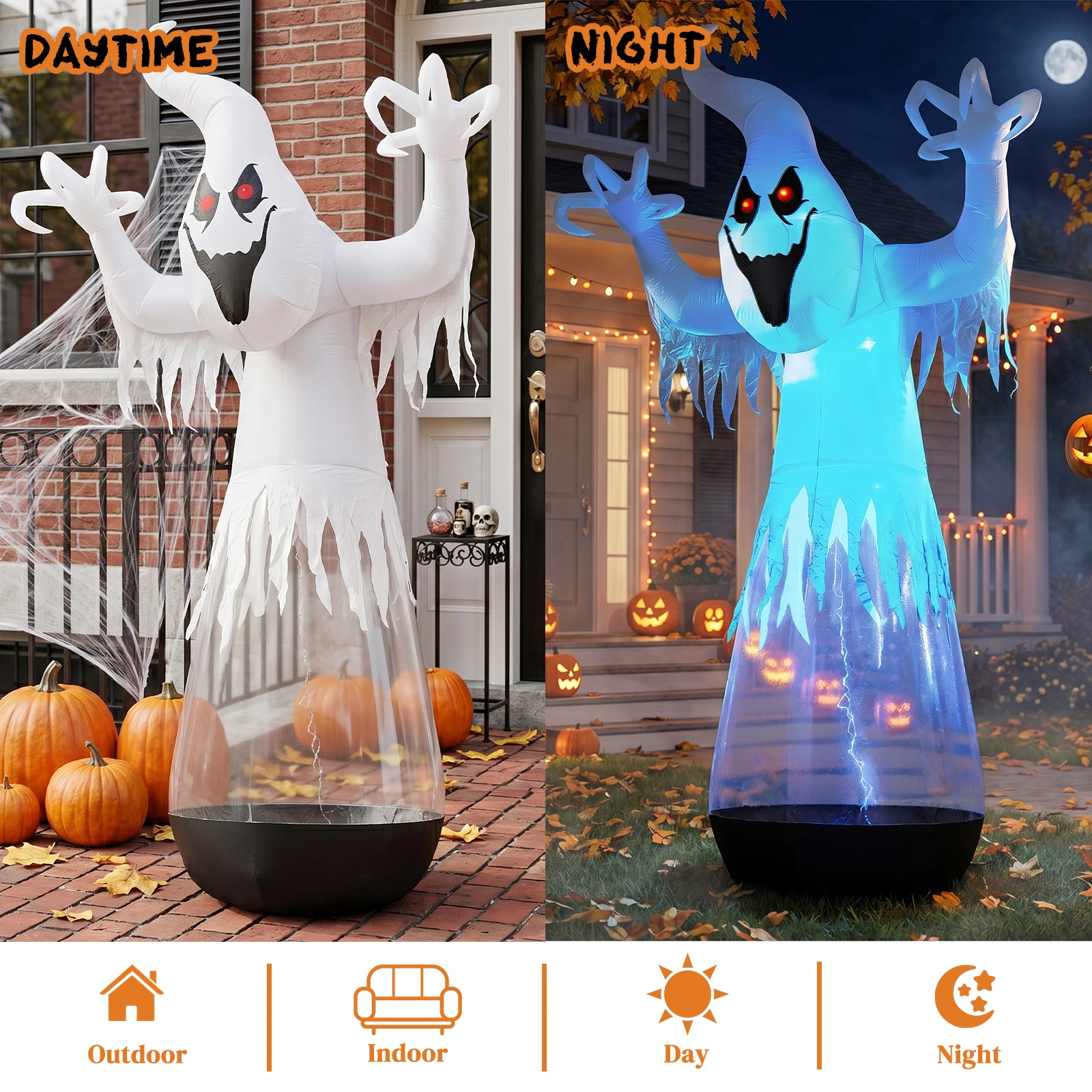 12ft Inflatable Halloween Decor Half-Body Clear PVC White Ghost with 2 LED Lights & 1 Stage Light, Black & White, 12V 2000mA US Power Adapter view 7