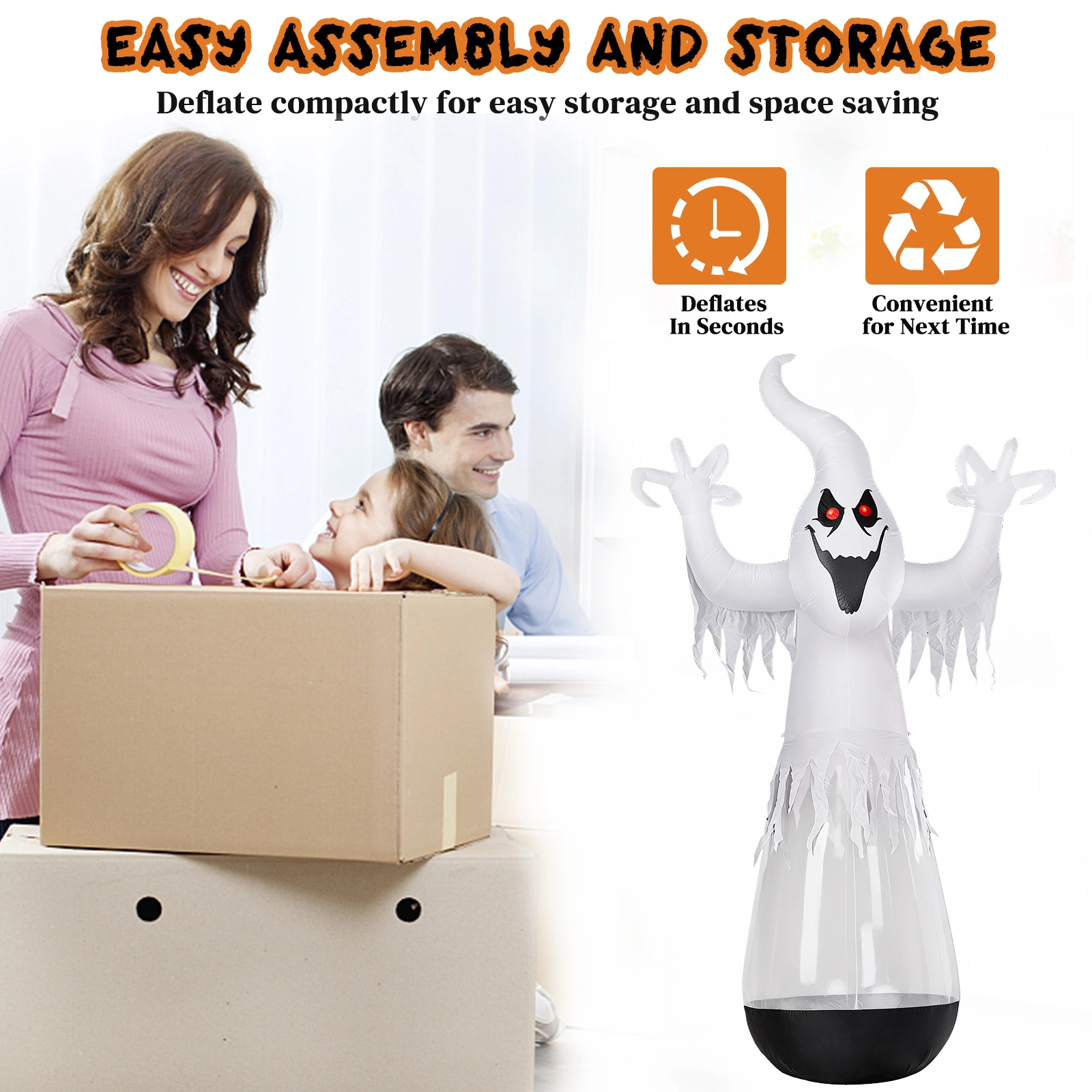 12ft Inflatable Halloween Decor Half-Body Clear PVC White Ghost with 2 LED Lights & 1 Stage Light, Black & White, 12V 2000mA US Power Adapter view 8