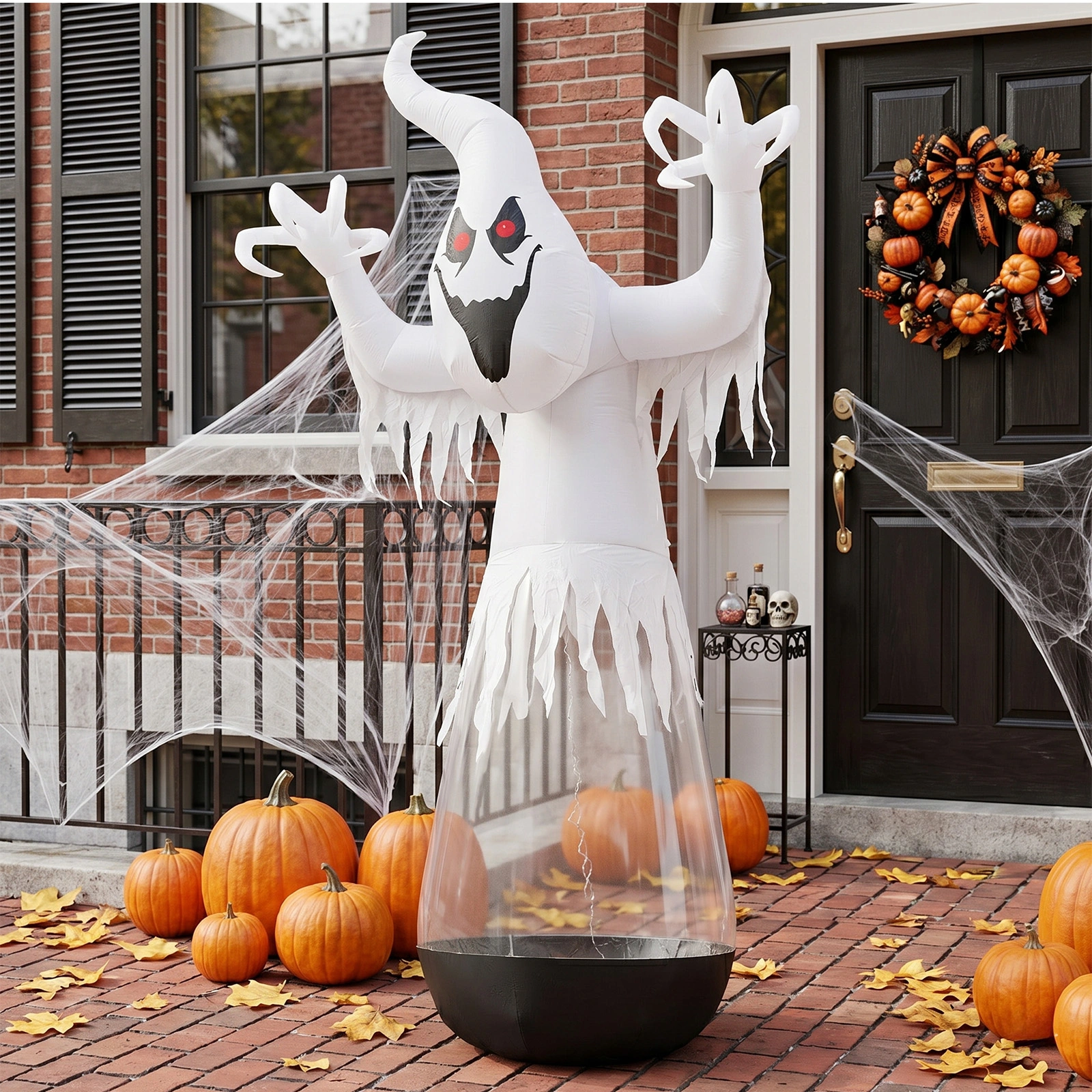 12ft Inflatable Halloween Decor Half-Body Clear PVC White Ghost with 2 LED Lights & 1 Stage Light, Black & White, 12V 2000mA US Power Adapter view 9