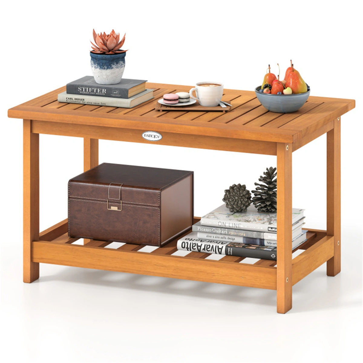 Outdoor Coffee Table with Lower Shelf, Sturdy Slatted Center Table for Patio Garden Living Room Indoor Outdoor